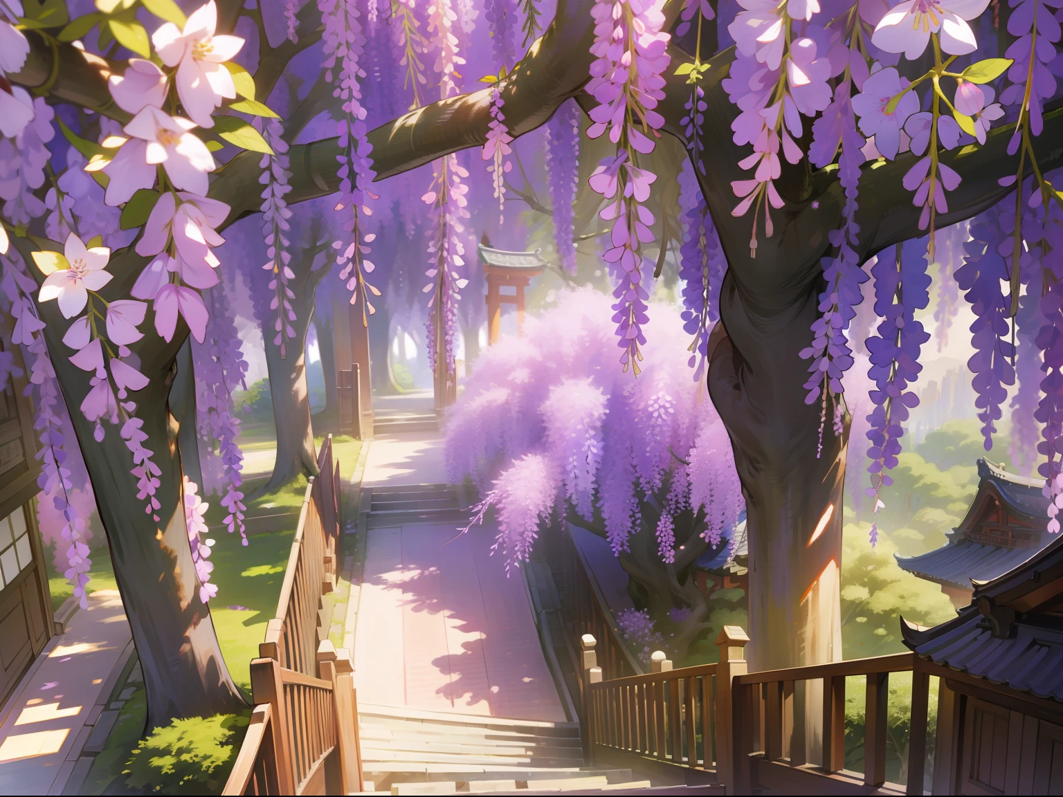 4K、high-level image quality、Lilac wisteria flowers、A lot of wisteria hanging from above、Tree behind々and shrines、Pale air、Old Japan、landscapes、during daytime