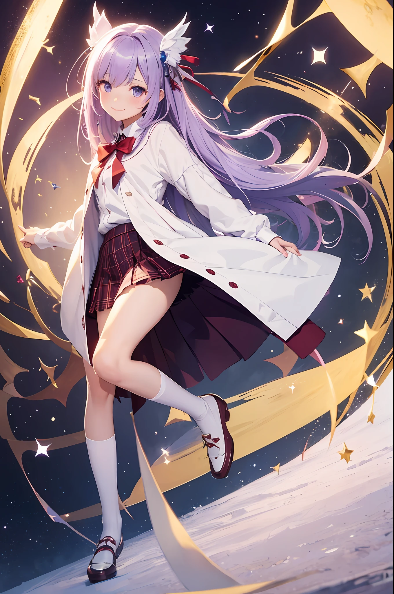 masterpiece, top-quality, 1 girl in、Students of the Magic School、short velvet robe、White Classy Shirt、Plaid pleated skirt、Red ribbons、White High Socks、Leather shoes、Height 120 cm、12year old、Light purple hair、Cute smile、beautiful countenance、beautidful eyes、Slim body、((small tits))、magic circles、full body Esbian、magic school、Fantasia、in isekai、Medieval Europe、FULL BODYSHOT、Dynamic Poses、Dynamic angles、Harry Potter、