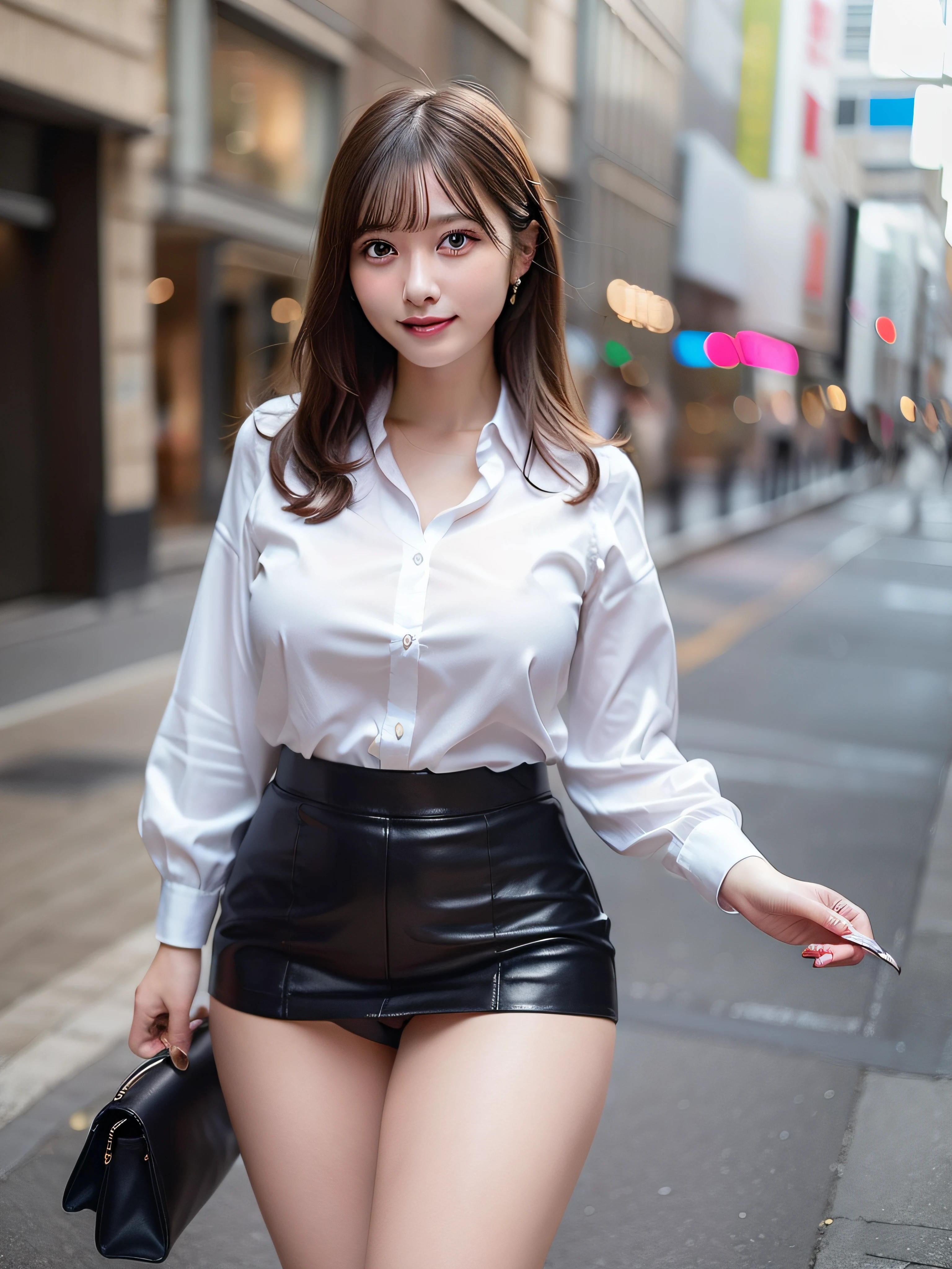 Woman wearing office casual、suits、tight skirts、In the street、fullllbody、top-quality、ultra-detailliert、超A high resolution、(Photorealsitic:1.8)、Saika 1、Erotic face、looking at the viewers、a smile、natural soft light、huge tit