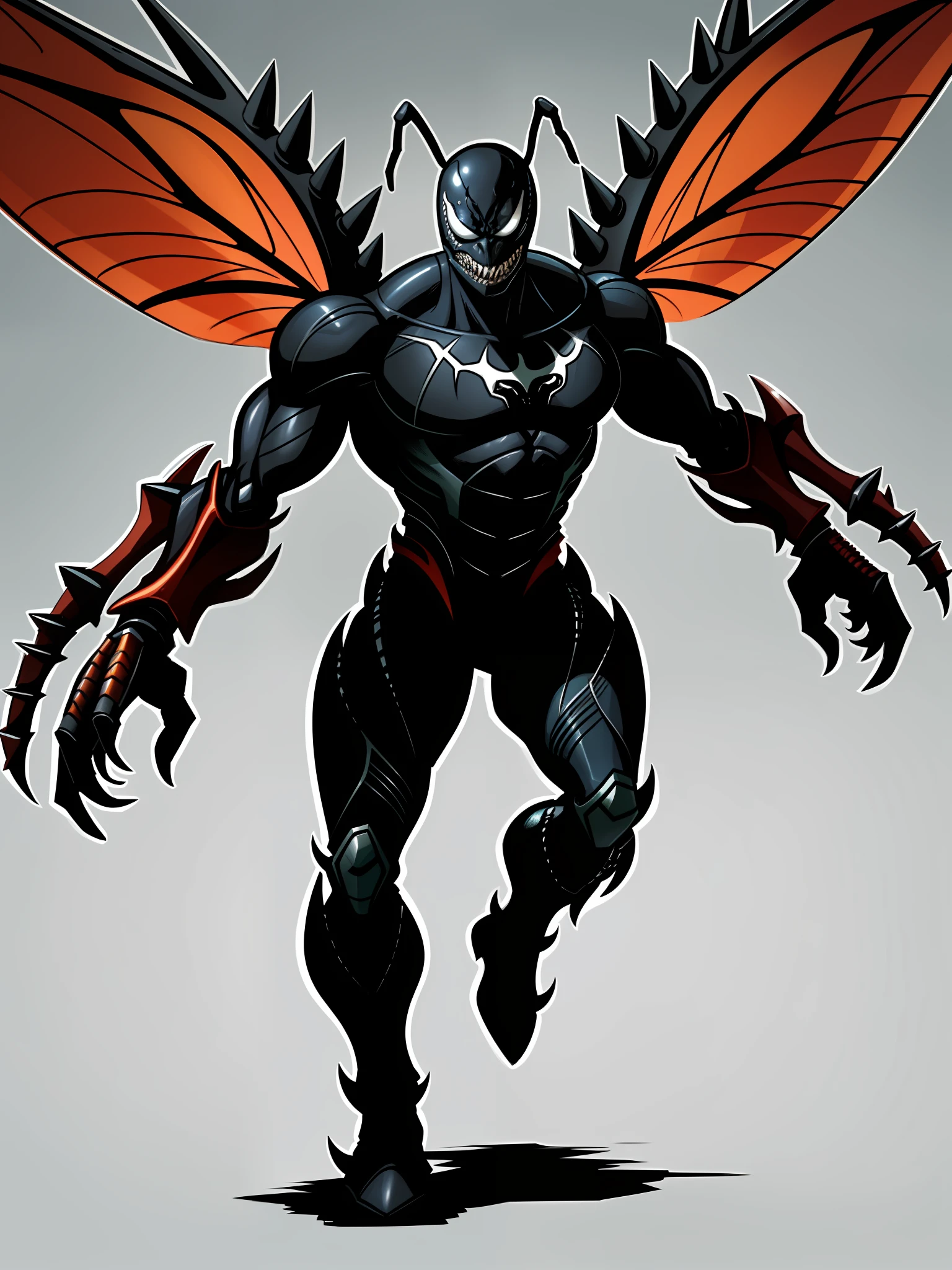 "Insectoid humanoid villain with multiple arms, sporting a deadly twist inspired by the power of Venom symbiote. Rendered in full body with intricate spikes, capturing the essence of a fierce warzone action scene in a DC superhero style masterpiece."