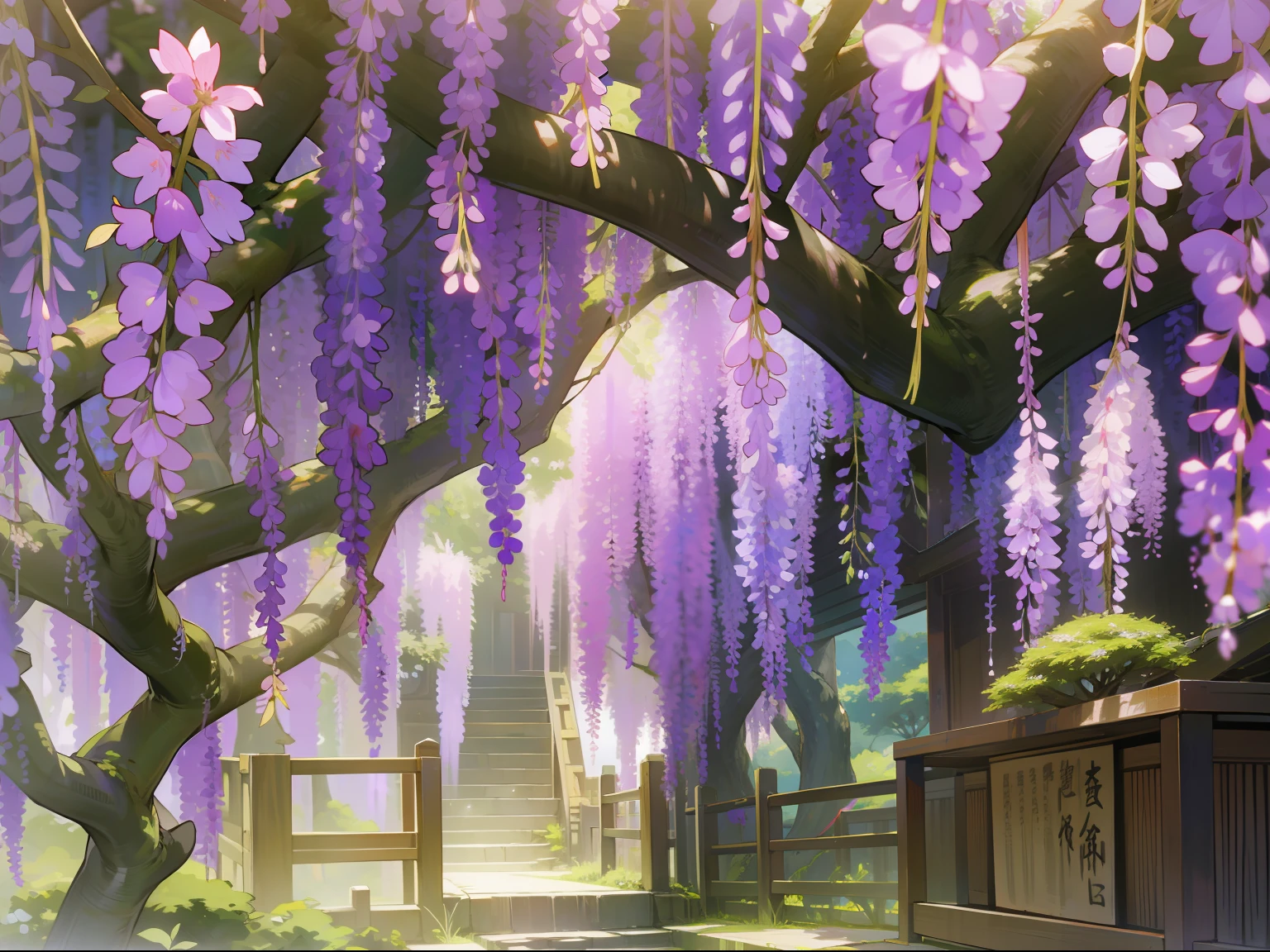 4K、high-level image quality、Lilac wisteria flowers、A lot of wisteria hanging from above、Tree behind々and shrines、Pale air、Old Japan、landscapes、during daytime