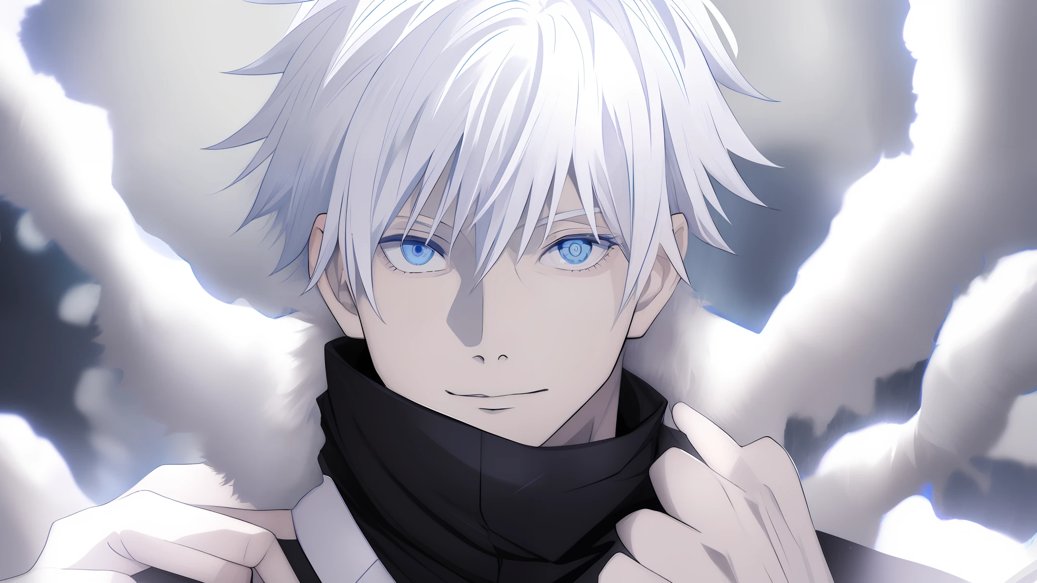 Close up portrait of a person with white hair and blue eyes, tall anime man with blue eyes, nagito komaeda, kaworu nagisa, with index finger, kaneki ken, Ken Kaneki, a silver haired mad, killua zoldyck black hair, white  hair, trigger anime art style, he has dark grey hairs