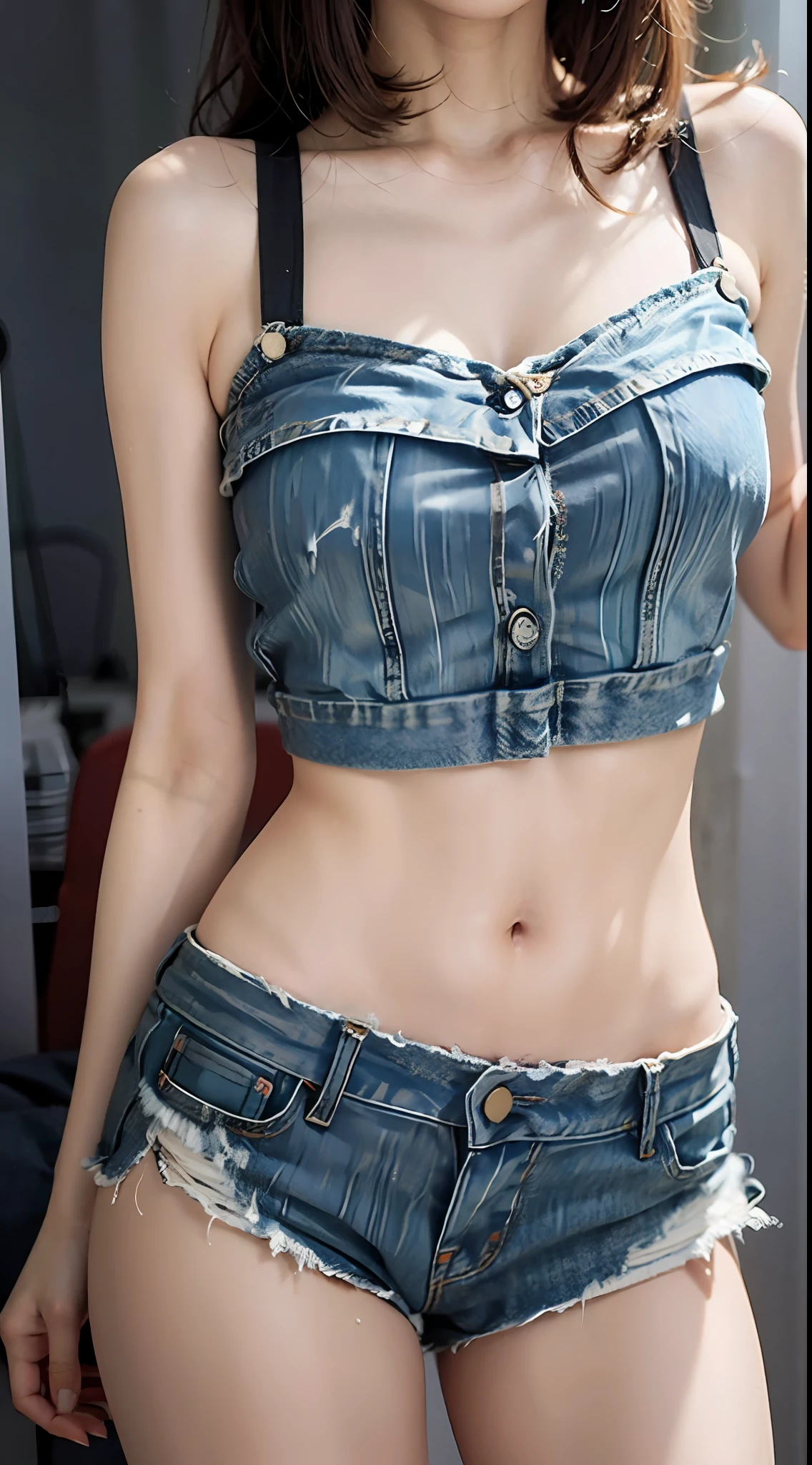 Girl posing in white low cut super short tank top and tight denim shorts、full body Esbian、Cropped tank top、bra very、Slim body、a large bust、Slim Girl Model、24歳の女性モデル、Beautiful body Facing the front Navel out See all Lower abdomen showing a beautiful belly Too torn denim shorts Shabby denim shorts Thigh exposure Shabby camisole Very short camisole Denim shorts that are too short You can see all the shapes of your genitals the shape of the genitals is perfectly visible Denim shorts with only thin strings Low-rise denim shorts genitals are visible showing the lower abdomen