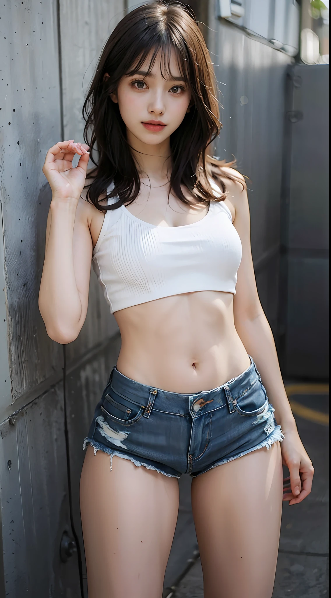 Girl posing in white low cut super short tank top and tight denim shorts、full body Esbian、Cropped tank top、bra very、Slim body、a large bust、Slim Girl Model、24歳の女性モデル、Beautiful body　Facing the front　Navel out　See all Lower abdomen　showing a beautiful belly　Too torn denim shorts　Shabby denim shorts　Thigh exposure　Shabby camisole　Very short camisole　Denim shorts that are too short　You can see all the shapes of your genitals　the shape of the genitals is perfectly visible　Denim shorts with only thin strings　Low-rise denim shorts　genitals are visible　showing the lower abdomen
