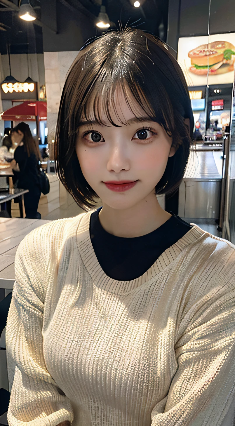 best quality,masterpiece,ultra high res,(photo realistic:1.4),looking at viewer,(long sleeve),(burger shop uniform),sun visor,restaurant counter,whole body,standing posture,japanese girl,smile,(ultra short hair),(masterpiece:1.3), (8k, photorealistic, RAW photo, best quality: 1.4), (1girl), beautiful face, (realistic face), (short hair),beautiful hairstyle,realistic black eyes,beautiful detailed eyes,(realistic skin),absurdres,attractive, ultra high res,ultra realistic,highly detailed,golden ratio,