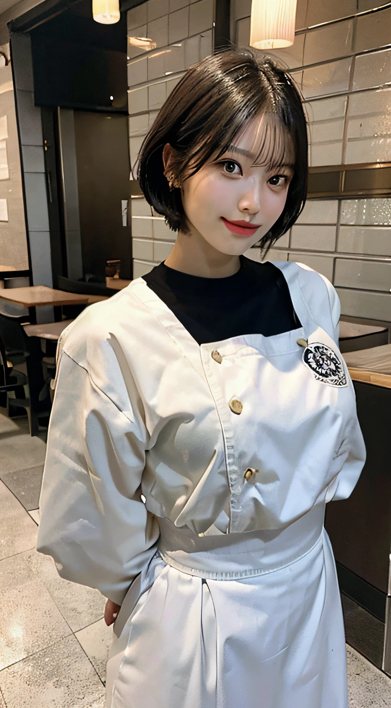 best quality,masterpiece,ultra high res,(photo realistic:1.4),looking at viewer,(long sleeve),(burger shop uniform),sun visor,restaurant counter,whole body,standing posture,japanese girl,smile,(ultra short hair),(masterpiece:1.3), (8k, photorealistic, RAW photo, best quality: 1.4), (1girl), beautiful face, (realistic face), (short hair),beautiful hairstyle,realistic black eyes,beautiful detailed eyes,(realistic skin),absurdres,attractive, ultra high res,ultra realistic,highly detailed,golden ratio,
