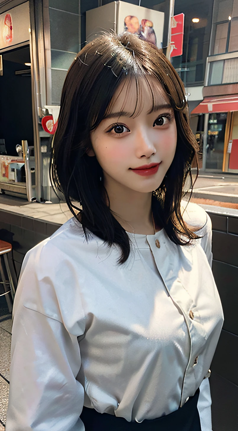 best quality,masterpiece,ultra high res,(photo realistic:1.4),looking at viewer,(long sleeve),(burger shop uniform),sun visor,restaurant counter,whole body,standing posture,japanese girl,smile,(ultra short hair),(masterpiece:1.3), (8k, photorealistic, RAW photo, best quality: 1.4), (1girl), beautiful face, (realistic face), (short hair),beautiful hairstyle,realistic black eyes,beautiful detailed eyes,(realistic skin),absurdres,attractive, ultra high res,ultra realistic,highly detailed,golden ratio,