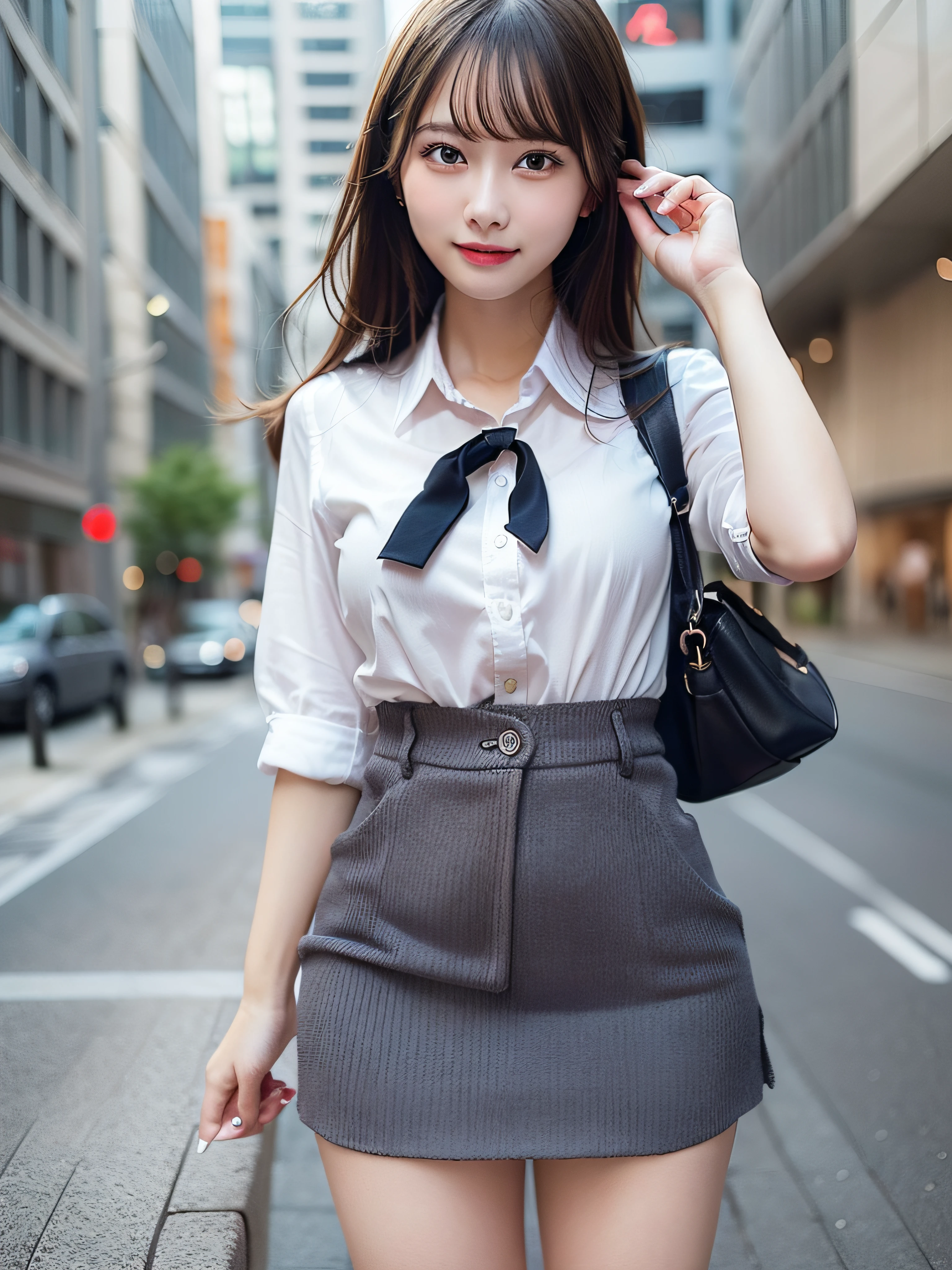 Woman wearing office casual、In the street、fullllbody、top-quality、ultra-detailliert、超A high resolution、(Photorealsitic:1.8)、Saika 1、Erotic face、looking at the viewers、a smile、natural soft light、huge tit