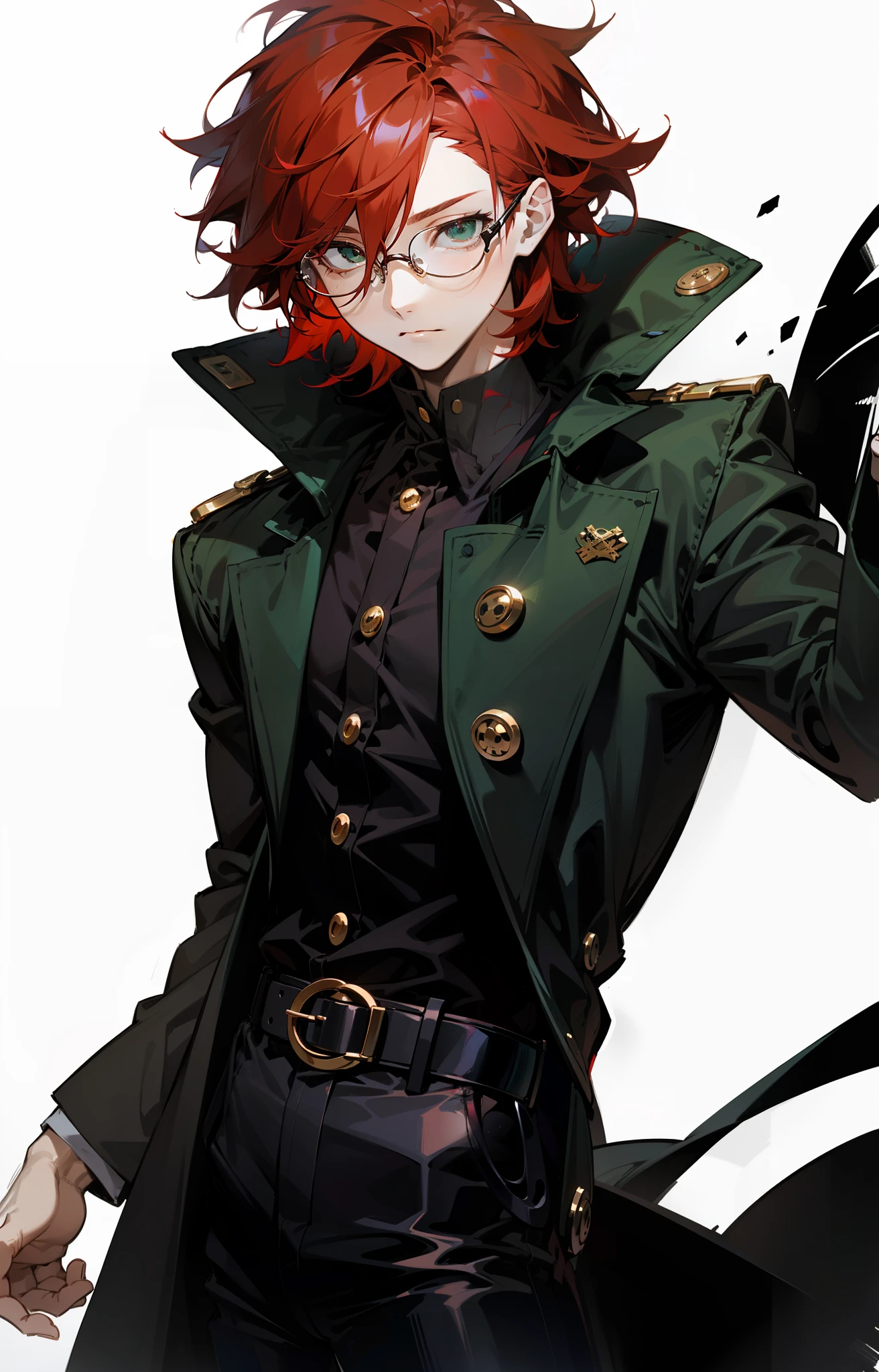(masterpiece, best quality), Anime boy, young man, solo, 1 boy solo, red hair, messy red hair, messy short red hair, pale skin, dark under eyes, dark eyebags, tired, modern clothes, detailed, glasses, black glasses, dark green eyes