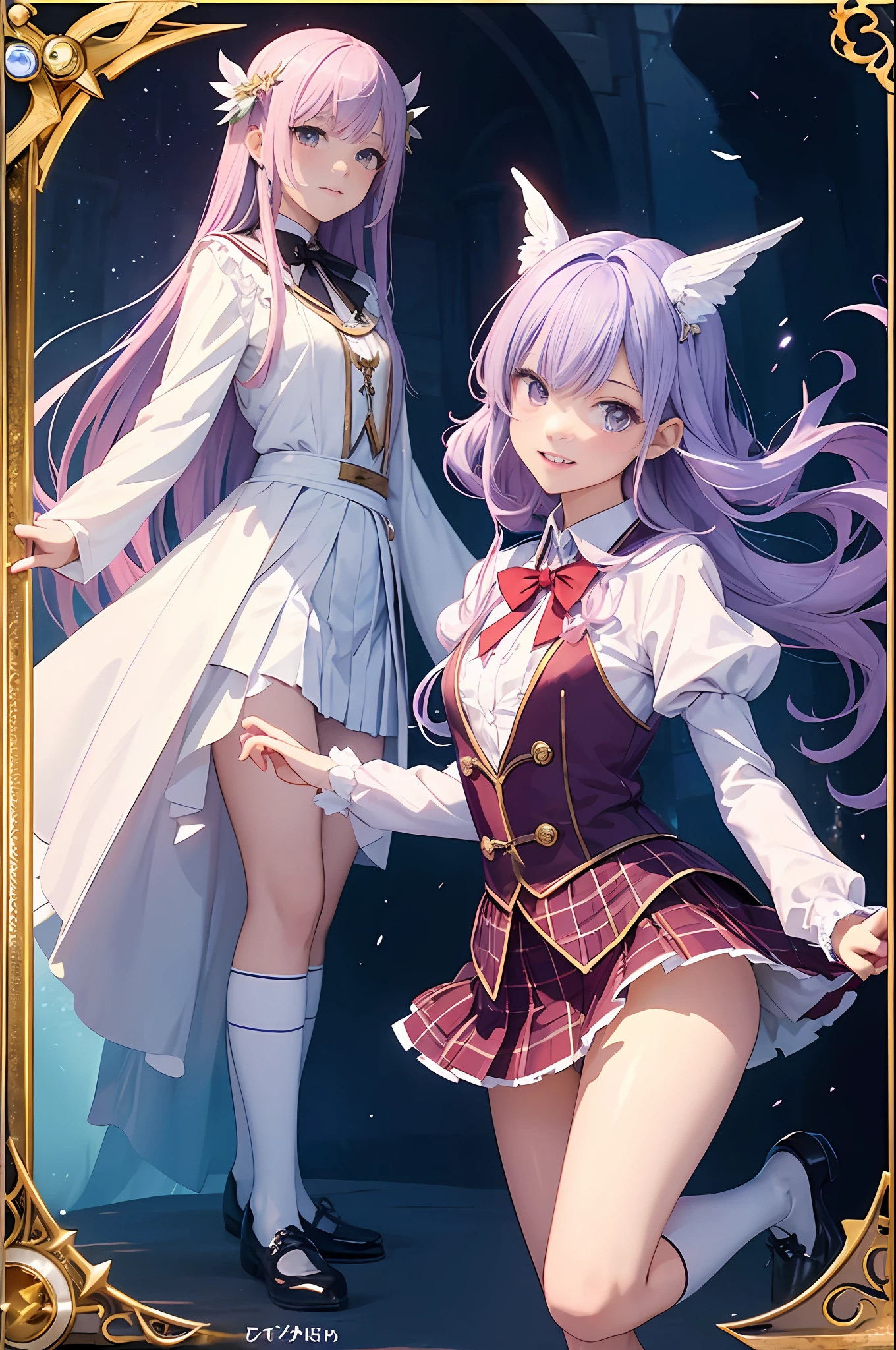 ​masterpiece, top-quality, 1 girl in、Students of the Magic School、short velvet robe、White Classy Shirt、Plaid pleated skirt、Red ribbons、White High Socks、Leather shoes、Height 120 cm、12year old、Light purple hair、Cute smile、beautiful countenance、beautidful eyes、Slim body、（（small tits））、magic circles、full body Esbian、magic school、Fantasia、in isekai、Medieval Europe、FULL BODYSHOT、Dynamic Poses、Dynamic angles、Harry Potter、pixie、Leprechaun、