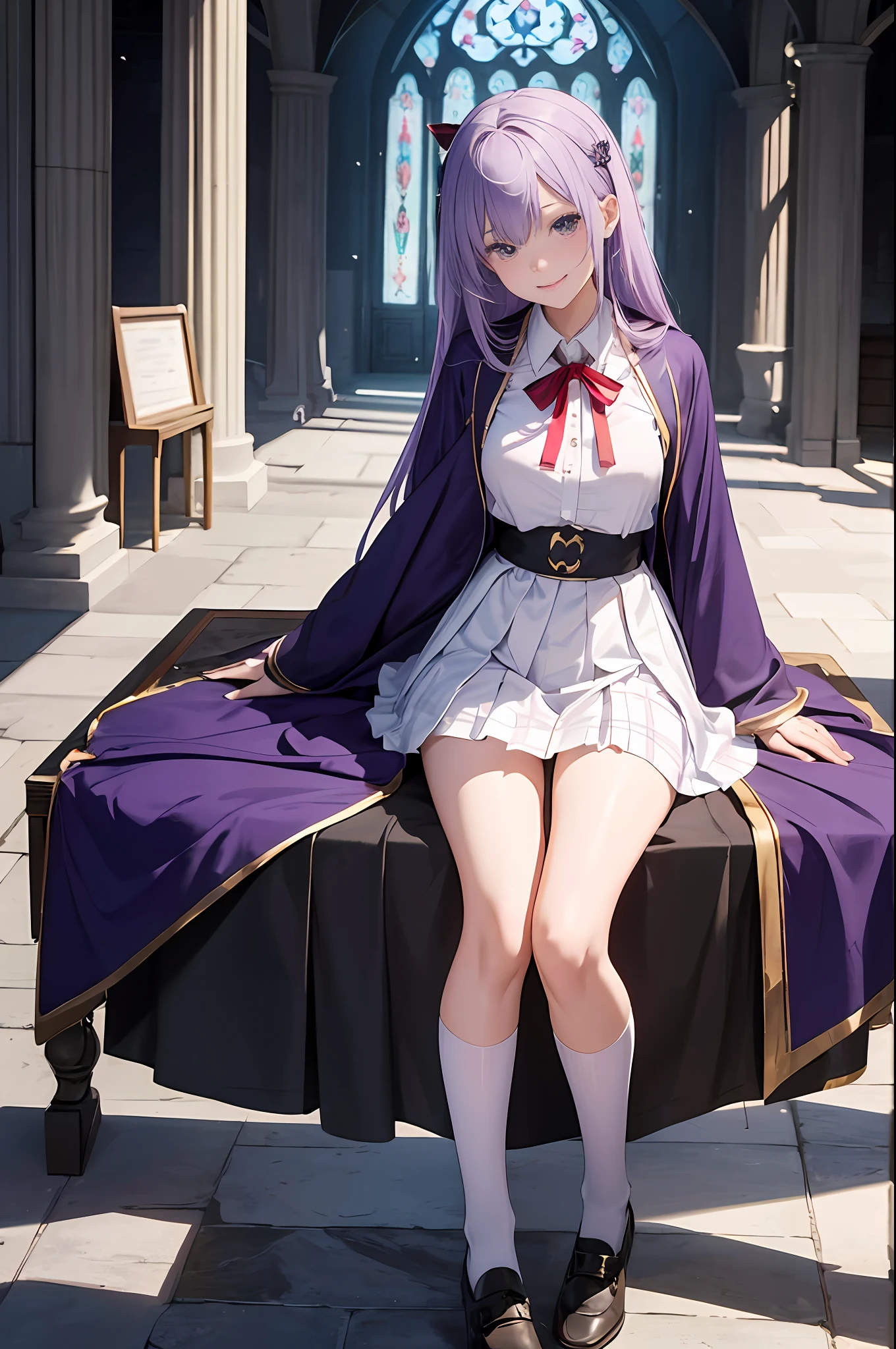 ​masterpiece, top-quality, 1 girl in、Students of the Magic School、short velvet robe、White Classy Shirt、Plaid pleated skirt、Red ribbons、White High Socks、Leather shoes、Height 120 cm、12year old、Light purple hair、Cute smile、beautiful countenance、beautidful eyes、Slim body、（（small tits））、magic circles、full body Esbian、magic school、Fantasia、in isekai、Medieval Europe、FULL BODYSHOT、Dynamic Poses、Dynamic angles、Harry Potter、pixie、Leprechaun、