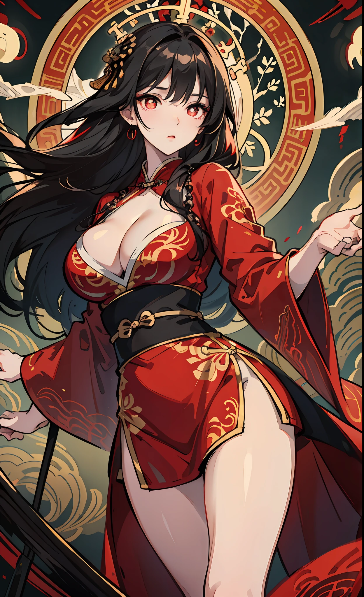 A MILF、A dark-haired、floting hair、Delicat eyes、red pupils、heroine、black and red antique damask Hanfu、cleavage of the breast、thighs thighs thighs thighs、FOV、f1.8、​masterpiece、complex scenes、Gorgeous portrait shots