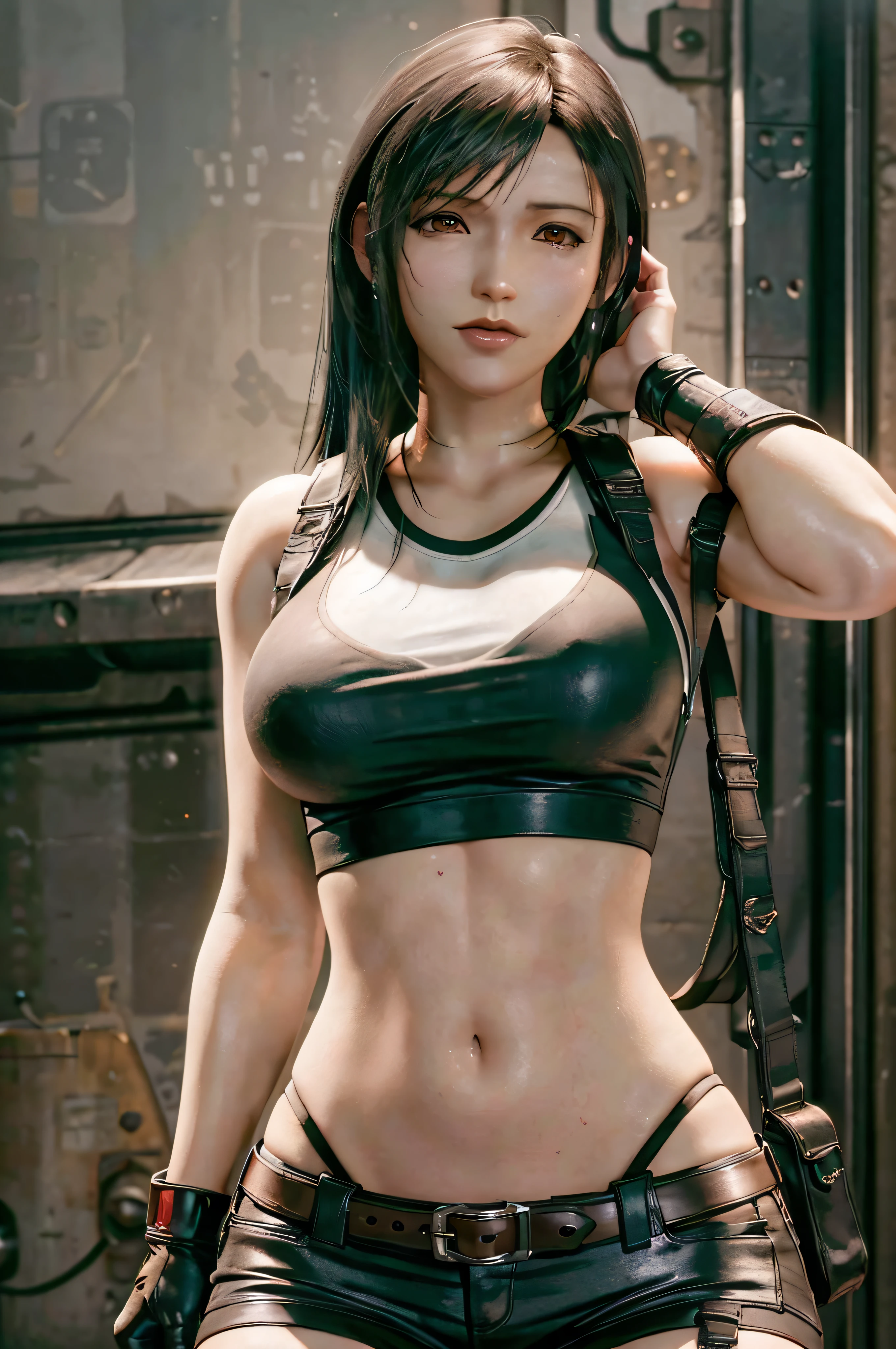(masterpiece), (best quality), 8k resolution, ultra-detailed, hyper-detailed, realistic, photograph, photorealism, (1girl), Tifa, final fantasy, Tifa Lockhart, sun light, cinematic, cool pose, black hair, D cup, perfect body