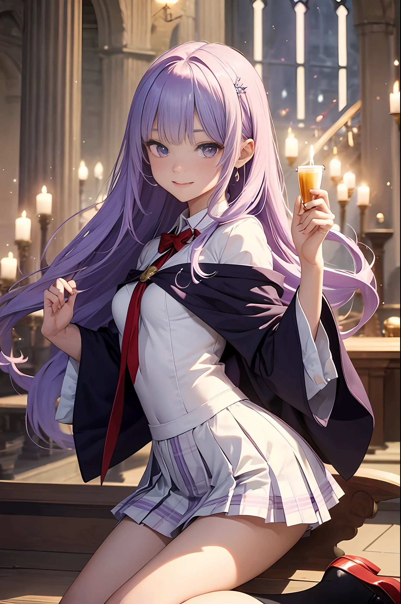 masterpiece, top-quality, 1 girl in、Students of the Magic School、short velvet robe、White Classy Shirt、Plaid pleated skirt、Red ribbons、White High Socks、Leather shoes、Height 120 cm、12year old、Light purple hair、Cute smile、beautiful countenance、beautidful eyes、Slim body、((small tits))、magic circles、full body Esbian、magic school、Fantasia、in isekai、Medieval Europe、FULL BODYSHOT、Dynamic Poses、Dynamic angles、Harry Potter、pixie、Leprechaun、