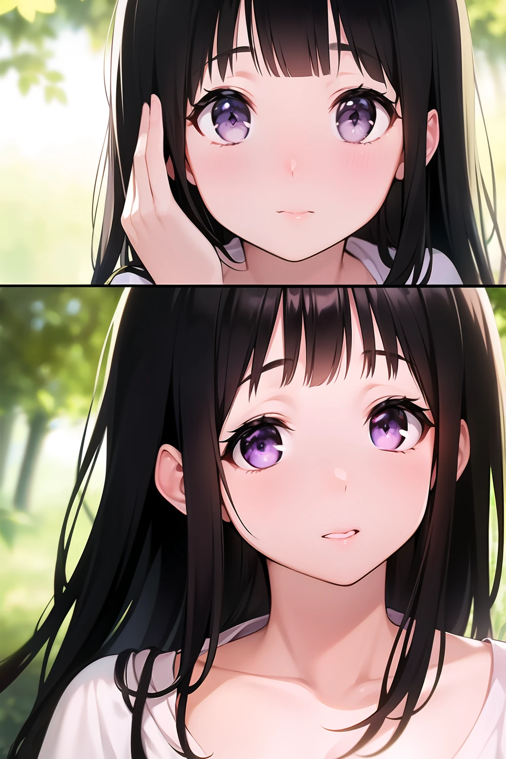 (A superb exquisite Chitanda Eru), purple eyes, black hair, natural straight hair, straight bangs, solo, (camping), nature, (campfire), wearing shorts, extremely delicate, straight facial features, peerless beautiful girl, soft, (sensual face), ((ecchi)), ((embarassed face)), dreamy quality, exaggerated facial features, solid color, frank holly, delicate face, bright lips, slender waist, soft curves, real light and shadow, super fine, 4k, natural moving, Ultra high resolution, (masterpiece:1.2, best quality), (finely detailed beautiful eyes: 1.2), (beautiful detailed face)