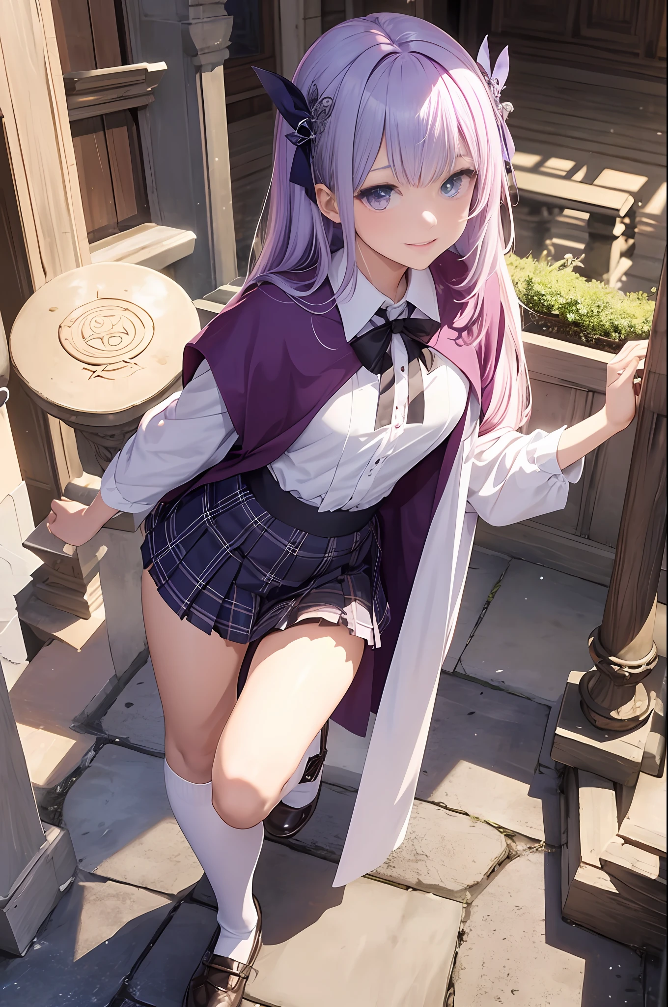 ​masterpiece, top-quality, 1 girl in、Students of the Magic School、short velvet robe、White Classy Shirt、Plaid pleated skirt、Red ribbons、White High Socks、Leather shoes、Height 120 cm、ar old、Light purple hair、Cute smile、beautiful countenance、beautidful eyes、Slim body、（（small tits））、magic circles、full body Esbian、magic school、Fantasia、in isekai、Medieval Europe、FULL BODYSHOT、Dynamic Poses、Dynamic angles、Harry Potter、pixie、Leprechaun、altar、