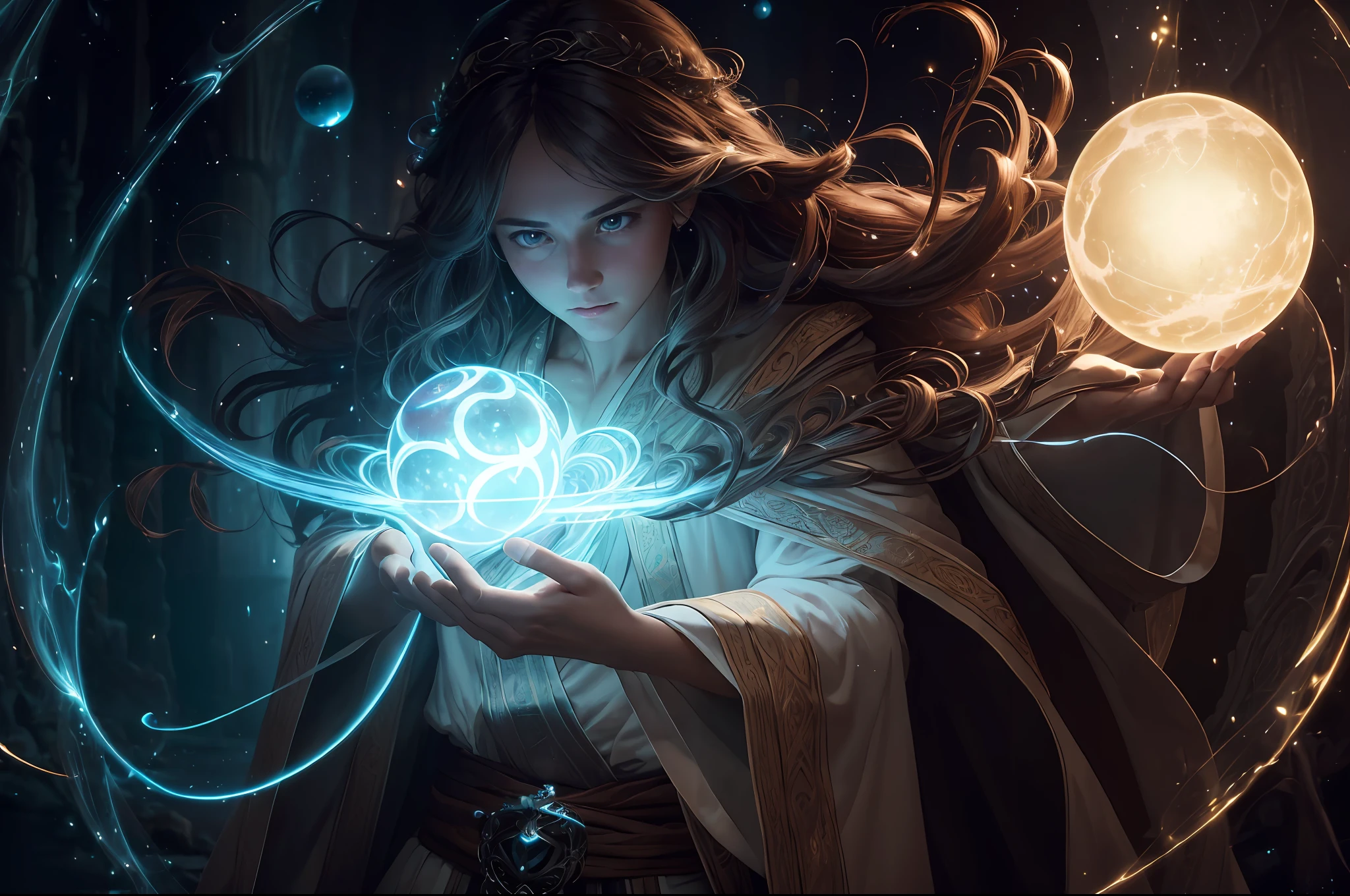 (ultra-detailed CG unity 8k wallpaper, masterpiece, best quality, depth of field, HDR, intricate), from Greg Rutkowski, magician, enchanting, mystical, spellbinding, mystical powers, flowing robe, glowing orbs, captivating aura, mesmerizing stage, wondrous illusions, mysterious atmosphere.
