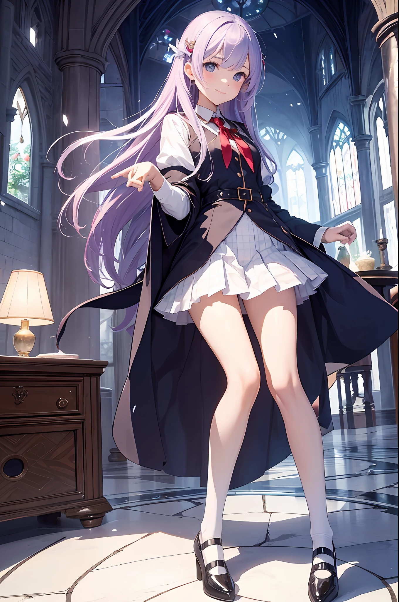 masterpiece, top-quality, 1 girl in、Students of the Magic School、short velvet robe、White Classy Shirt、Plaid pleated skirt、Red ribbons、White High Socks、Leather shoes、Height 120 cm、12year old、Light purple hair、Cute smile、beautiful countenance、beautidful eyes、Slim body、((small tits))、magic circles、full body Esbian、magic school、Fantasia、in isekai、Medieval Europe、FULL BODYSHOT、Dynamic Poses、Dynamic angles、Harry Potter、pixie、Leprechaun、altar、