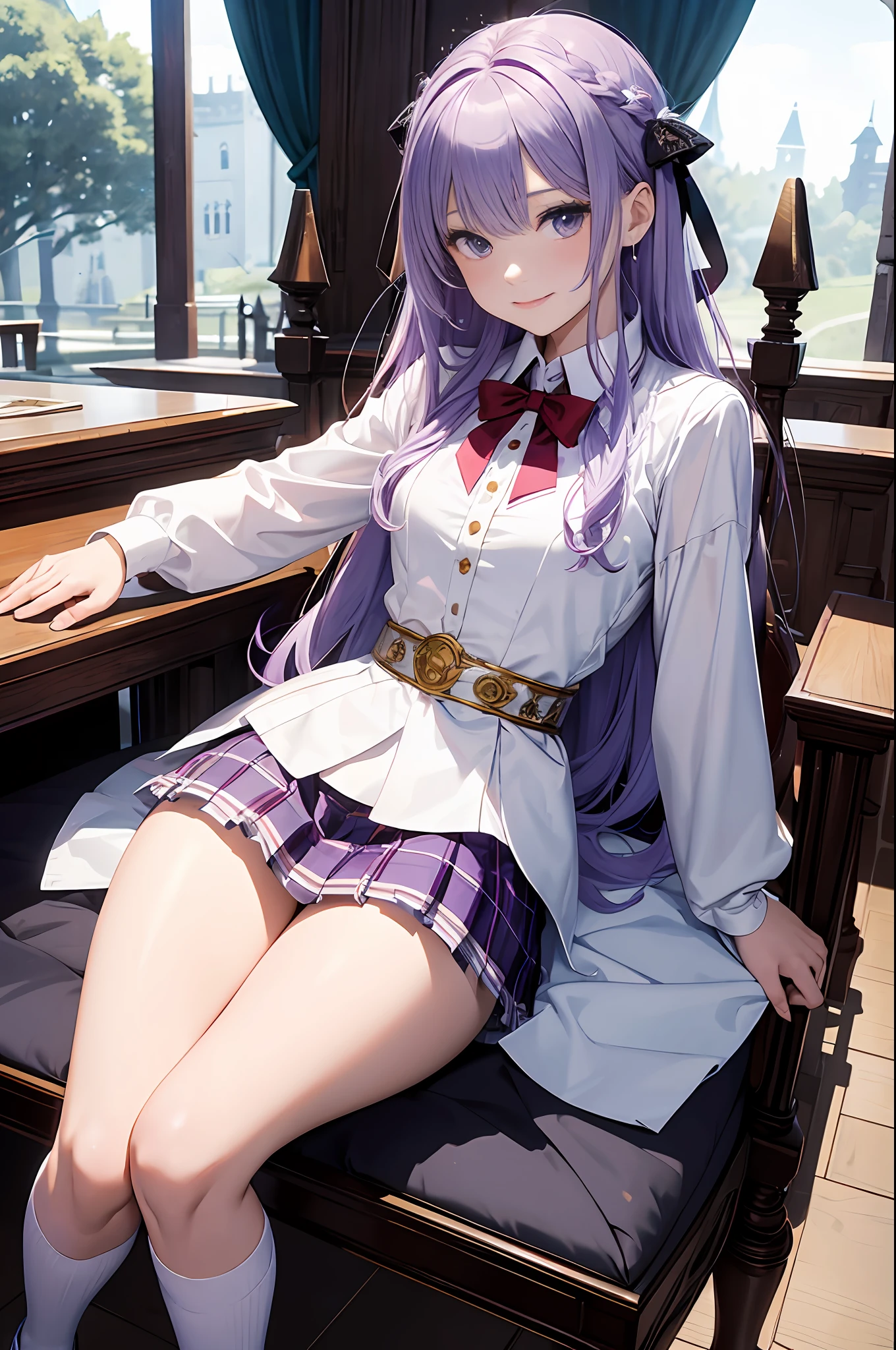 masterpiece, top-quality, 1 girl in、Students of the Magic School、short velvet robe、White Classy Shirt、Plaid pleated skirt、Red ribbons、White High Socks、Leather shoes、Height 120 cm、12year old、Light purple hair、Cute smile、beautiful countenance、beautidful eyes、Slim body、((small tits))、magic circles、full body Esbian、magic school、Fantasia、in isekai、Medieval Europe、FULL BODYSHOT、Dynamic Poses、Dynamic angles、Harry Potter、pixie、Leprechaun、altar、