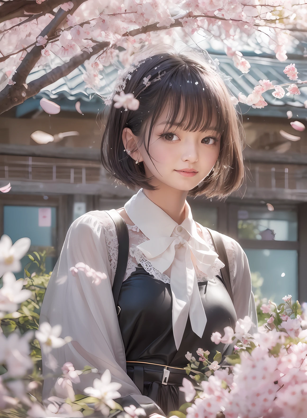 (8k、top-quality、masterpiece:1.2)、(realisitic、Photorealsitic:1.37)、ultra-detailliert、女の子 1 人、cute little、soio、Beautiful detailed sky、Detailed Cafe、natta、sitting on、date、(Nasal blush)、 (a smile:1.15),(Closed)small tits,Beautiful fineness,(shirt with collar:1.1),natta,Wet,Business Wear,Sateen,White lace,(short-hair:1.2),Floating hair、under a cherry blossom tree