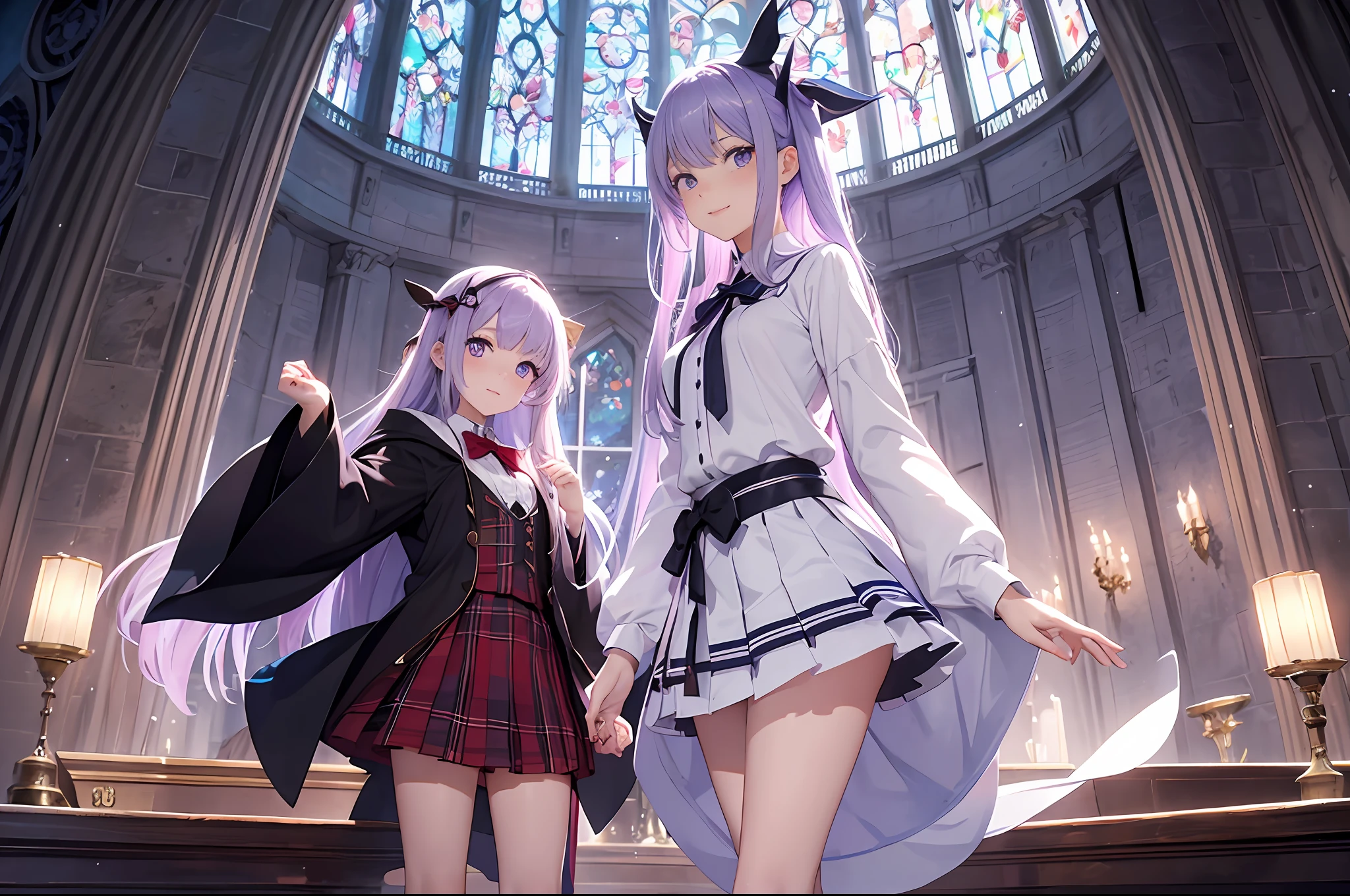 masterpiece, top-quality, 1 girl in、Students of the Magic School、short velvet robe、White Classy Shirt、Plaid pleated skirt、Red ribbons、White High Socks、Leather shoes、Height 120 cm、12year old、Light purple hair、Cute smile、beautiful countenance、beautidful eyes、Slim body、((small tits))、magic circles、full body Esbian、magic school、Fantasia、in isekai、Medieval Europe、FULL BODYSHOT、Dynamic Poses、Dynamic angles、Harry Potter、pixie、Leprechaun、altar、
