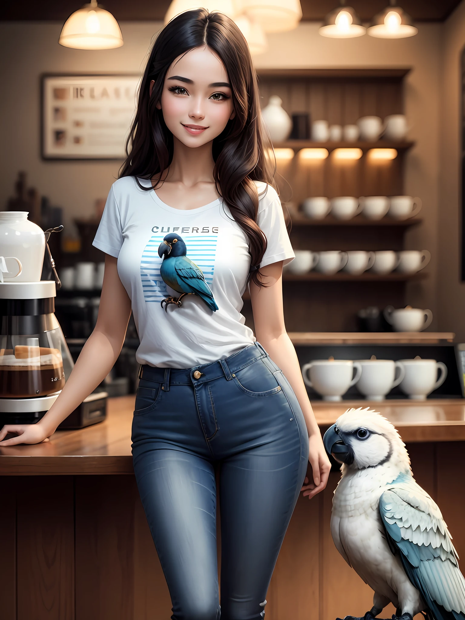 Masterpiece, best quality, super detailed,a beautiful Eurasian girl, long hair, oval face, 2-lid opening eyes, big smile with Beautiful front teeth, smiling eyes and face, wearing T-shirt and blue jeans, standing in a beautiful coffee shop, holding a parrot, small tits , detailed skin,8K, full body shot