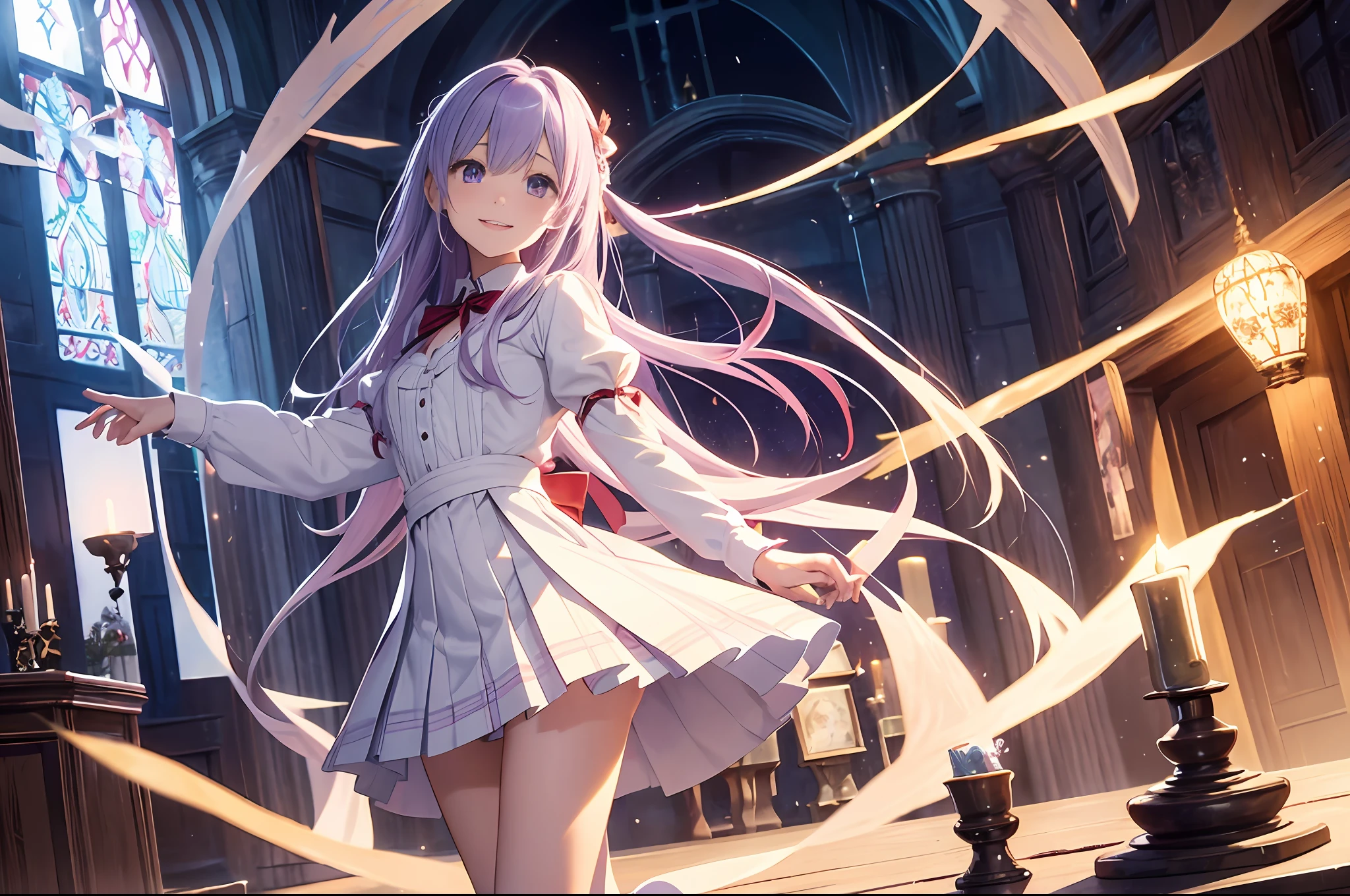 masterpiece, top-quality, 1 girl in、Students of the Magic School、short velvet robe、White Classy Shirt、Plaid pleated skirt、Red ribbons、White High Socks、Leather shoes、Height 120 cm、12year old、Light purple hair、Cute smile、beautiful countenance、beautidful eyes、Slim body、((small tits))、magic circles、full body Esbian、magic school、Fantasia、in isekai、Medieval Europe、FULL BODYSHOT、Dynamic Poses、Dynamic angles、Harry Potter、pixie、Leprechaun、altar、