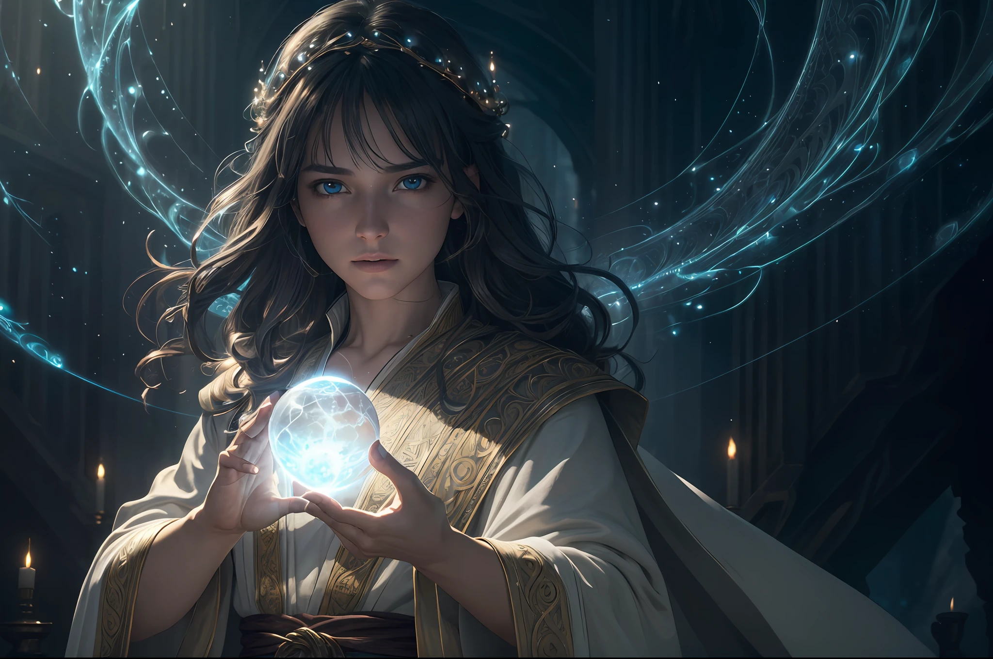 (ultra-detailed CG unity 8k wallpaper, masterpiece, best quality, depth of field, HDR, intricate), from Greg Rutkowski, (detailed face, detailed eyes), magician, enchanting, mystical, spellbinding, mystical powers, flowing robe, glowing orbs, captivating aura, mesmerizing stage, wondrous illusions, mysterious atmosphere.