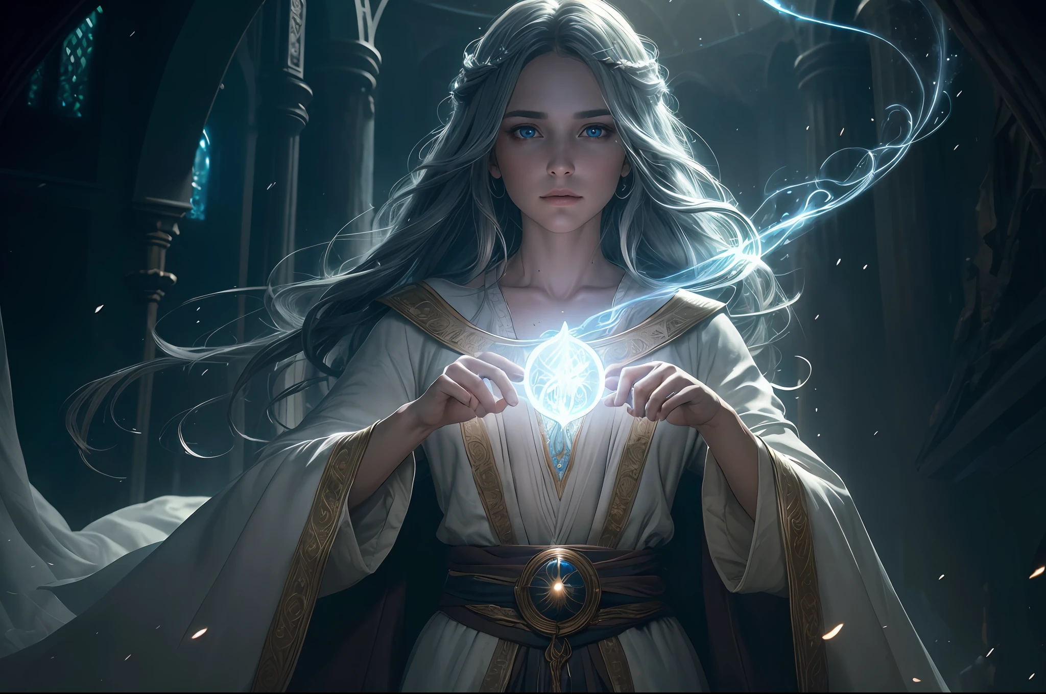 (ultra-detailed CG unity 8k wallpaper, masterpiece, best quality, depth of field, HDR, intricate), from Greg Rutkowski, (detailed face, detailed eyes), magician, enchanting, mystical, spellbinding, mystical powers, flowing robe, glowing orbs, captivating aura, mesmerizing stage, wondrous illusions, mysterious atmosphere.