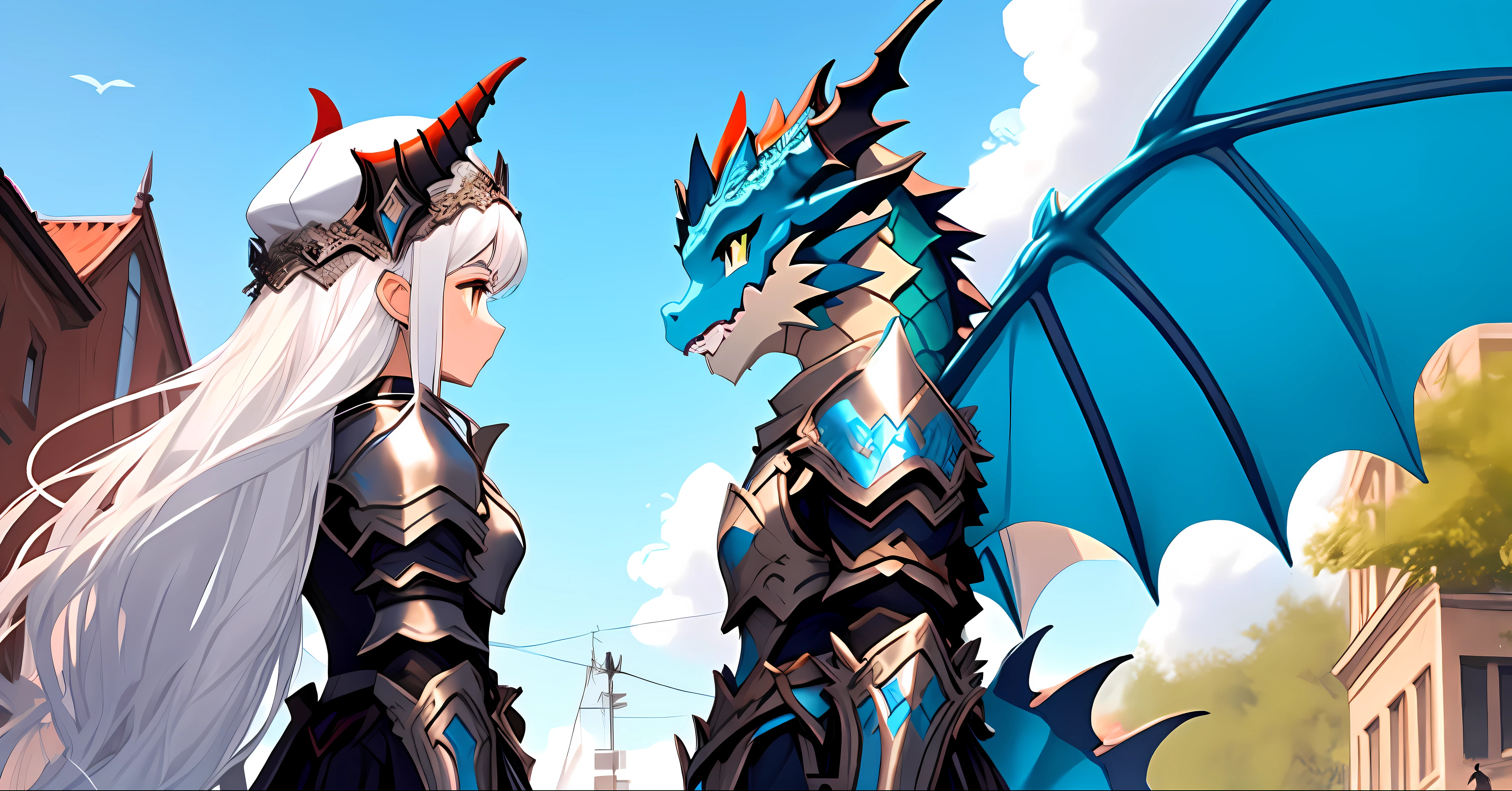 There are two people in total, On the left is a human girl with white hair, The girl on left side  has no wings, The girl wears a berets, the girl  has human hands, The humanoid dragon on the right side has dragon characteristic as wings dragon claws and tail, On the right is a humanoid dragon, epic sense, The two were dressed in costumes, The armor has a dragon pattern, Similar to Demon Dragon armor, Scaly monolithic armor, Armor similar to plate armor, It has dragon scale decoration, Blue armor inspired by dragons, Like Monster Hunter armor, Fractal ceramic armor features, The two are handshaking, Stern and mighty, On the streets in the medieval style, Red flags are hung on the buildings, Someone waved a red flag on the roof