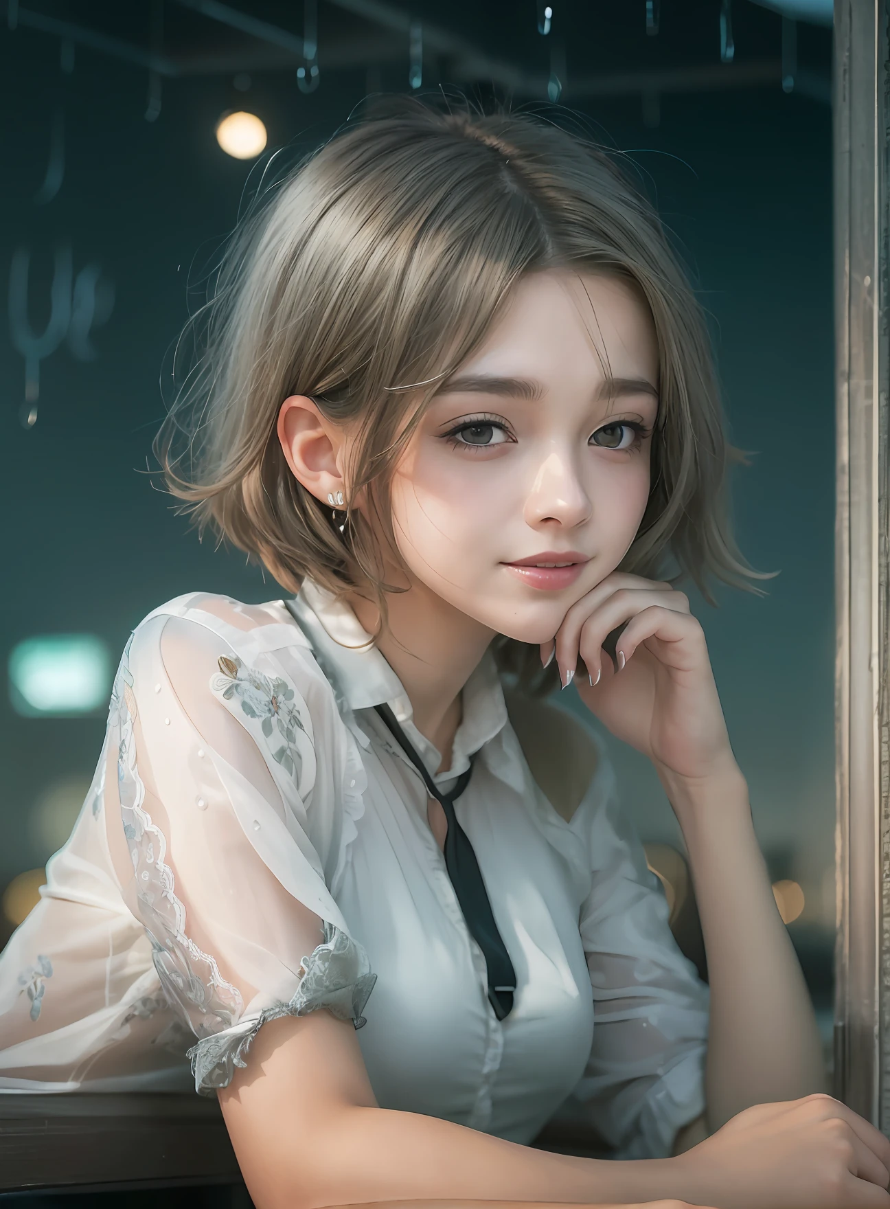(8k, top quality, masterpiece: 1.2), (realistic, photorealistic: 1.37), super detailed, girl alone, cute, one, beautiful detailed sky, detailed café, night, sitting, date, (blush), (smile: 1.15),(closed)small,beautiful fine eyes,(shirt with collar:1.1),night,wet,business wear,rain,white lace,(short hair:1.2),floating hair