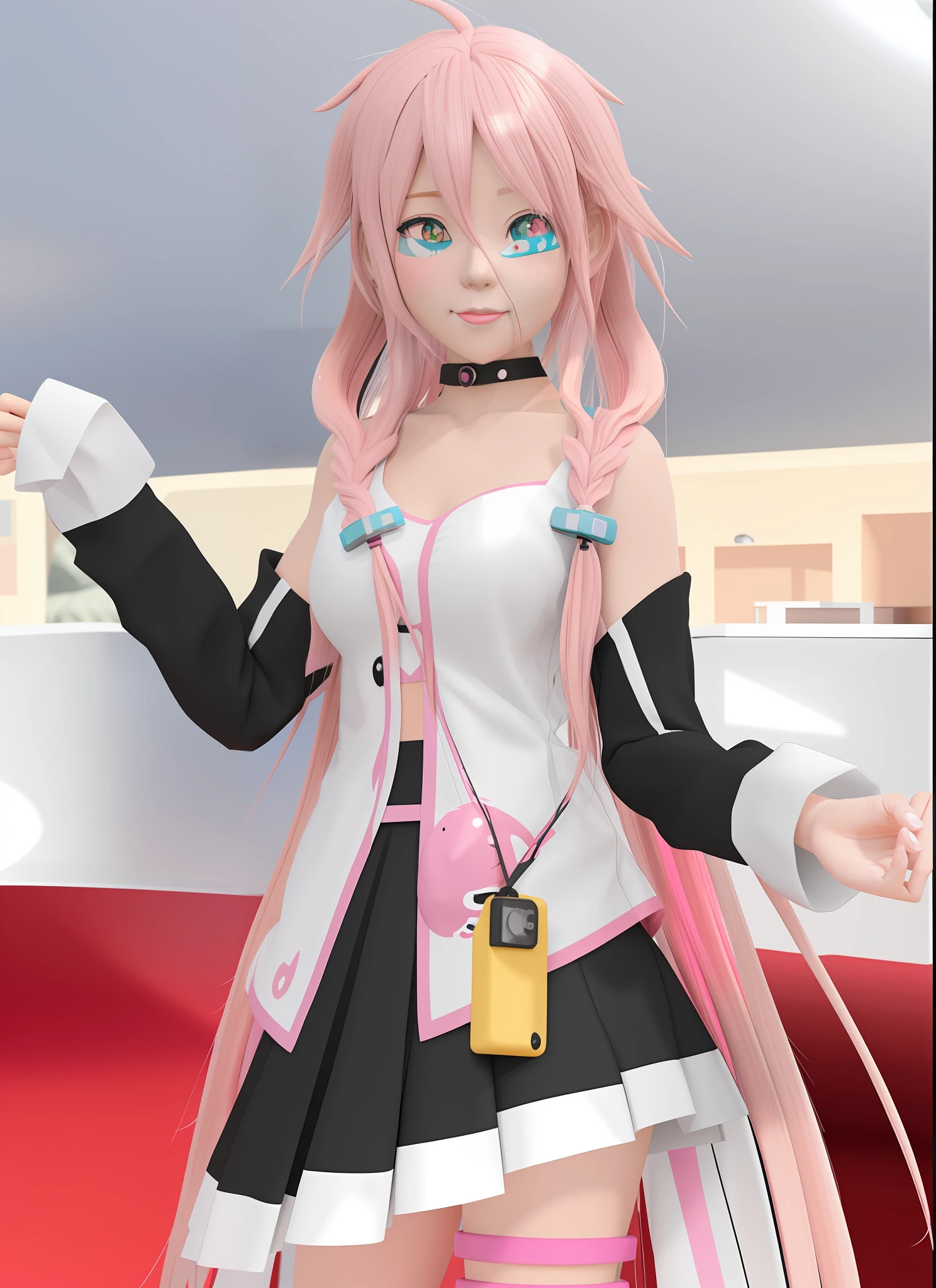 Anime – Style girl with pink hair and white shirt and black skirt, pink twintail hair and cyan eyes, humanoid pink female squid girl, anime styled 3d, Haruno Sakura, pixiv 3dcg, inspired by Hirosada II, 3d anime girl, render of a cute 3d anime girl, Anime style. 8K