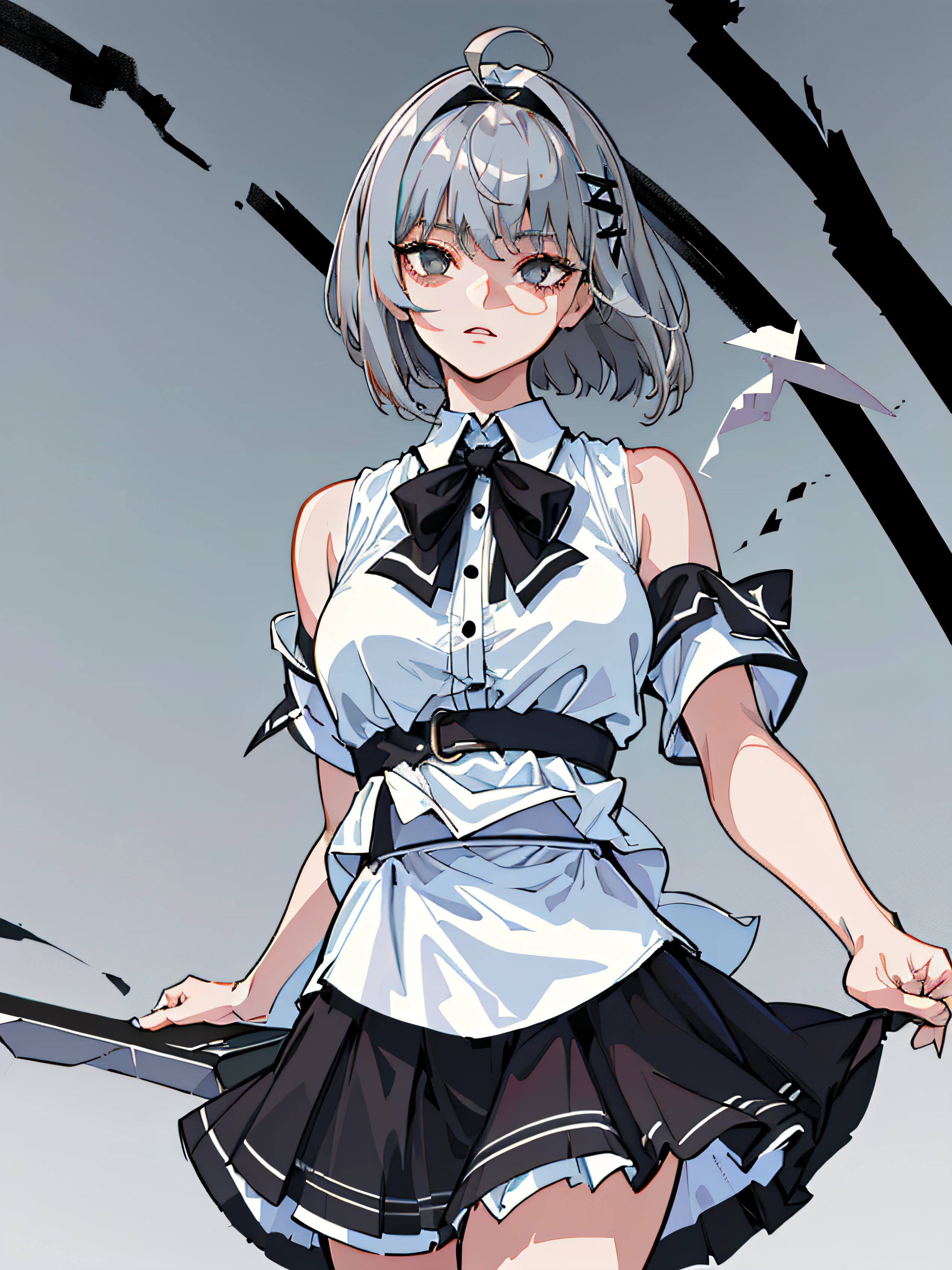 ((masterpiece, top quality), (one girl), (solo), (female focus), (ahoge, gray hair, short hair), black eyes, (white shirt), (black skirt), (black skirt), standing, white background, arms behind