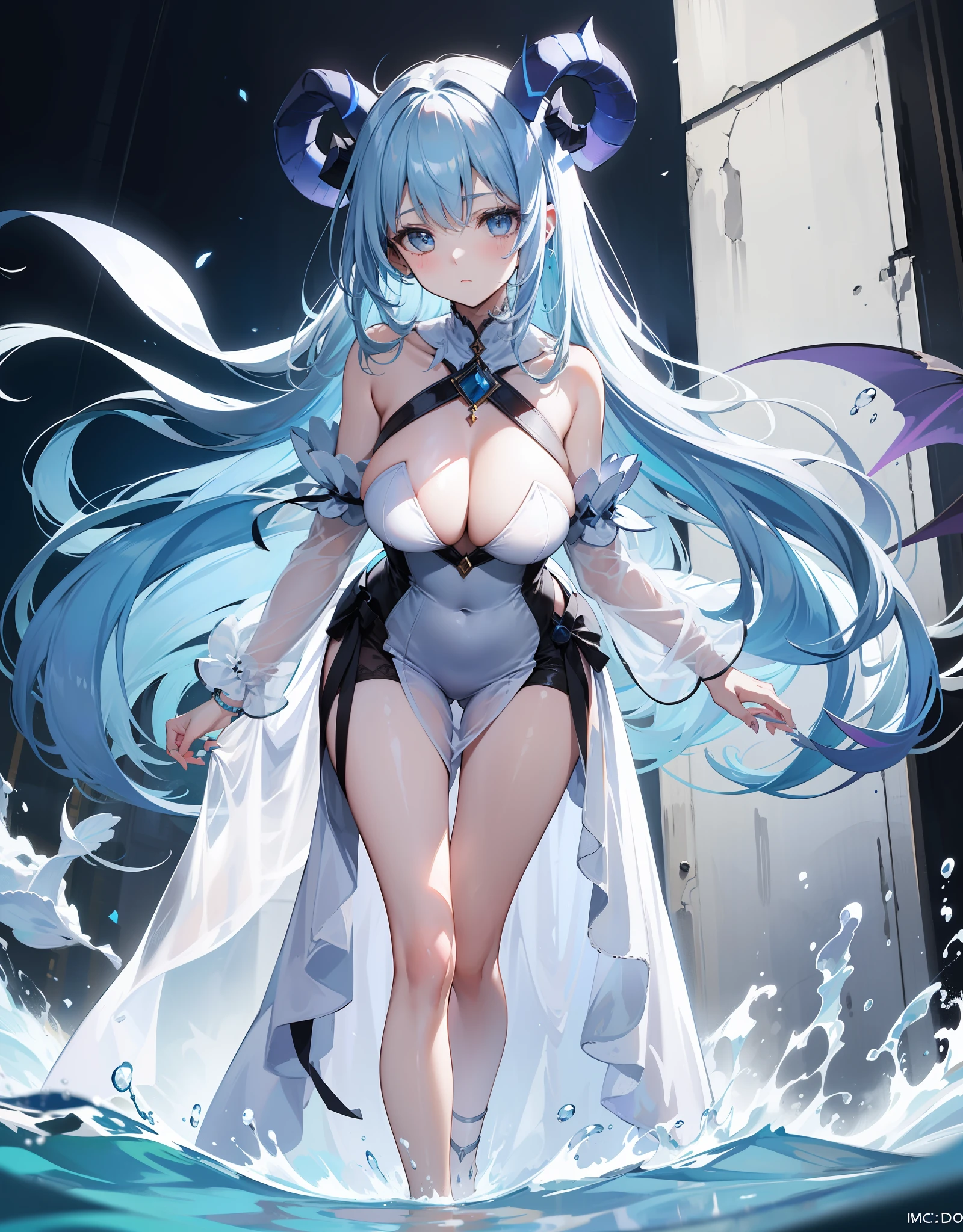 Uma mulher jovem com um delicado, macio, docile and perfect face, com busto e seios enormes, who is walking on top of the water in a long white ball gown, tudo molhado;, She has light blue hair so long it reaches down to her feet and 2 white demon horns.