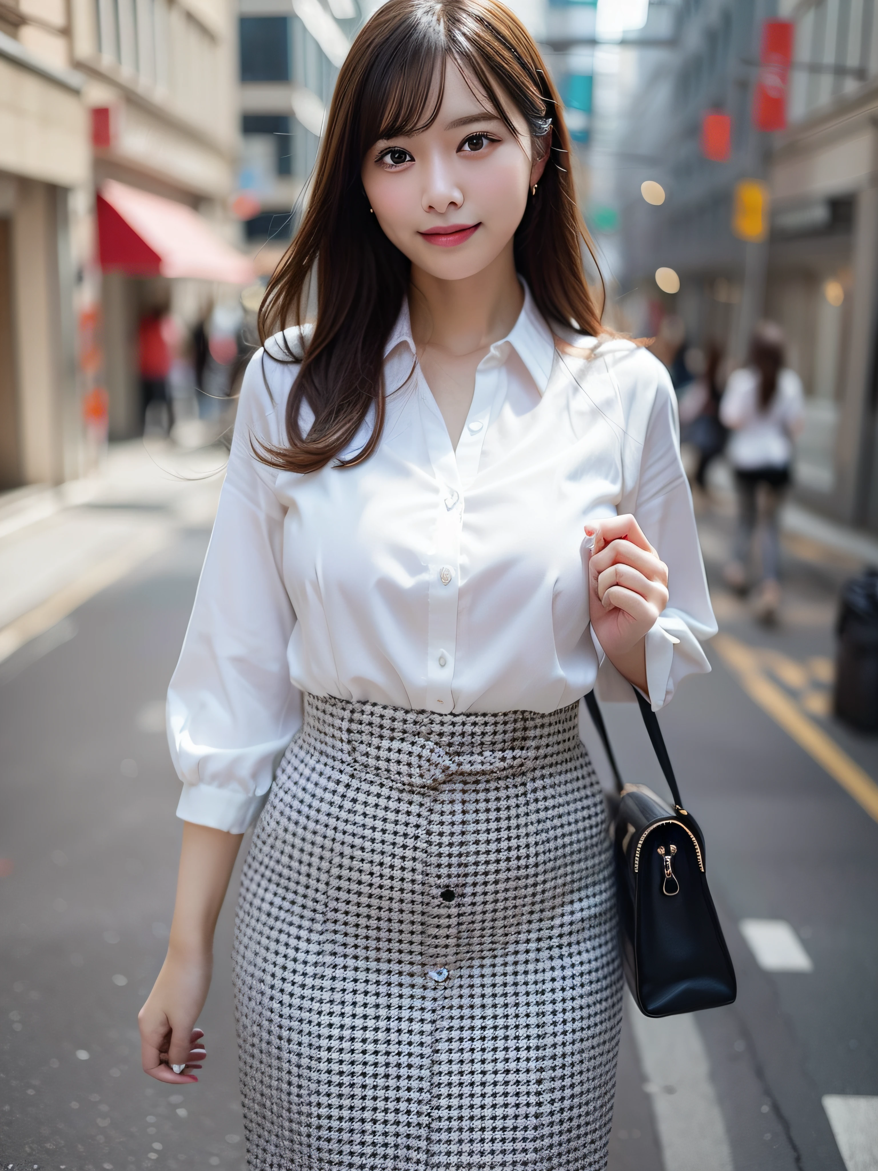 Woman wearing office casual、In the street、The chest is open、White blouses、fullllbody、top-quality、ultra-detailliert、超A high resolution、(Photorealsitic:1.8)、Saika 1、Erotic face、looking at the viewers、a smile、natural soft light、huge tit