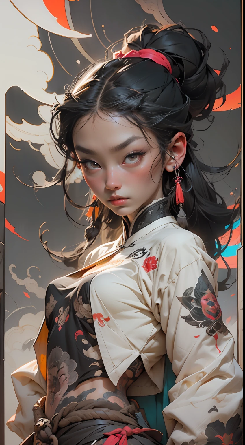 wuxia,vector art,1ebony woman with tattoos,black hair,white clothes,super colorful,luminous colorization,sharp, cinematic,dof,35mm,pintura luminosa