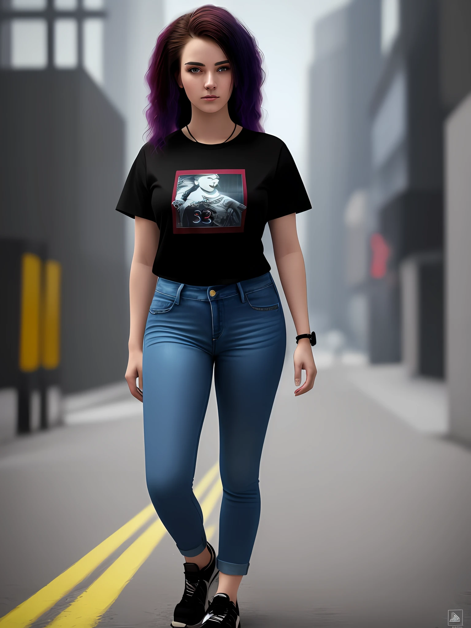 masterpiece,ultra high res, (photorealistic:1.4), raw photo, casual portrait of (23 year-old woman:1.3) ,black basic tee-shirt, full length tee-shirt, Compact body,((cyberpunk,scifi)),refined detailed, tight jeans