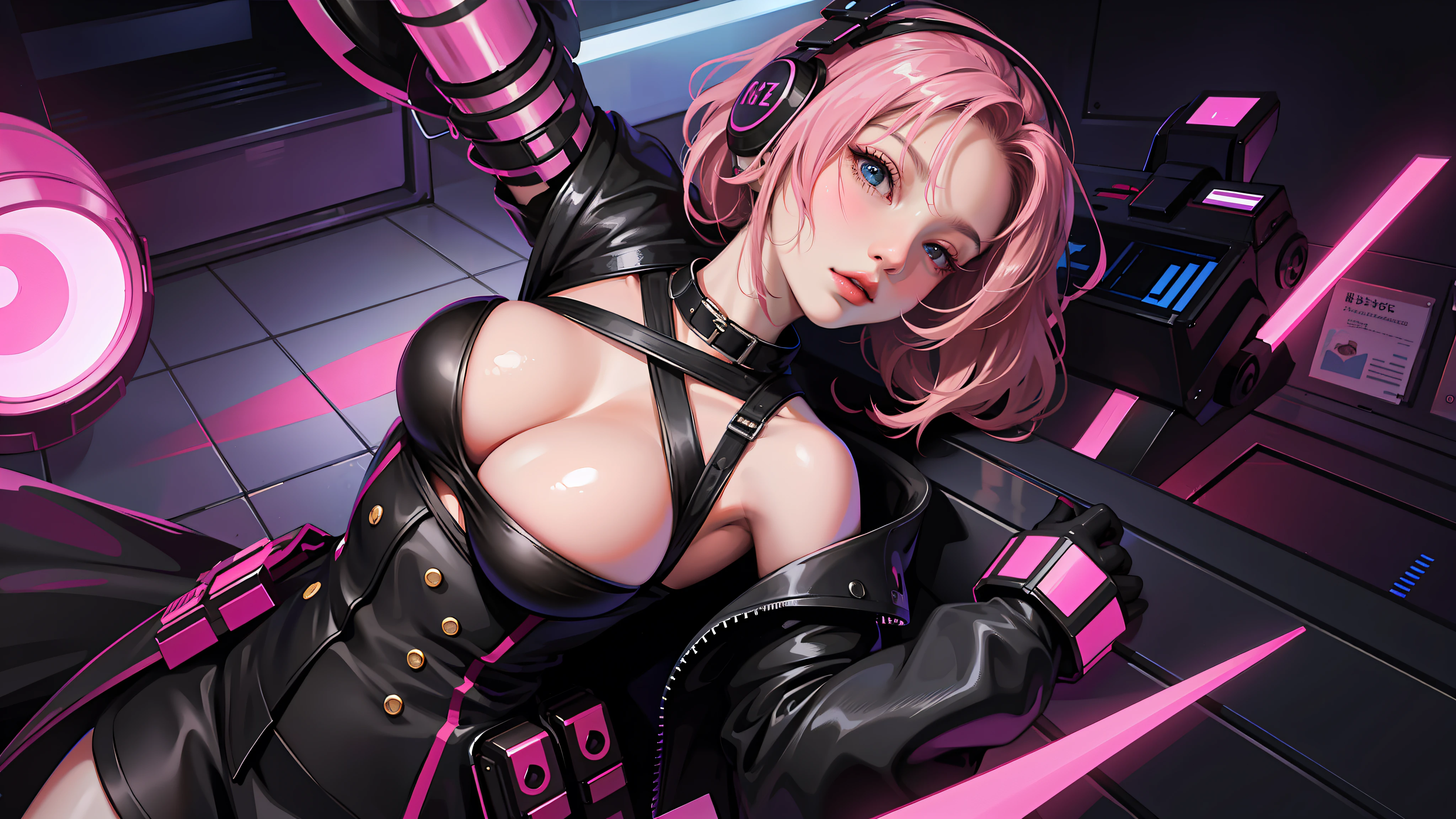 masterpiece, top-quality, 超A high resolution,(photographrealistic:1.4),((1girl in)), The upper part of the body, Close-up of a shot of the face, big eye, Colossal tits, cleavage of the breast, pink there,doress、headphones、 cute little, 年轻, the pose, looking at the viewers, cyberpunked, nightcity, criss-cross,A sexy,a room