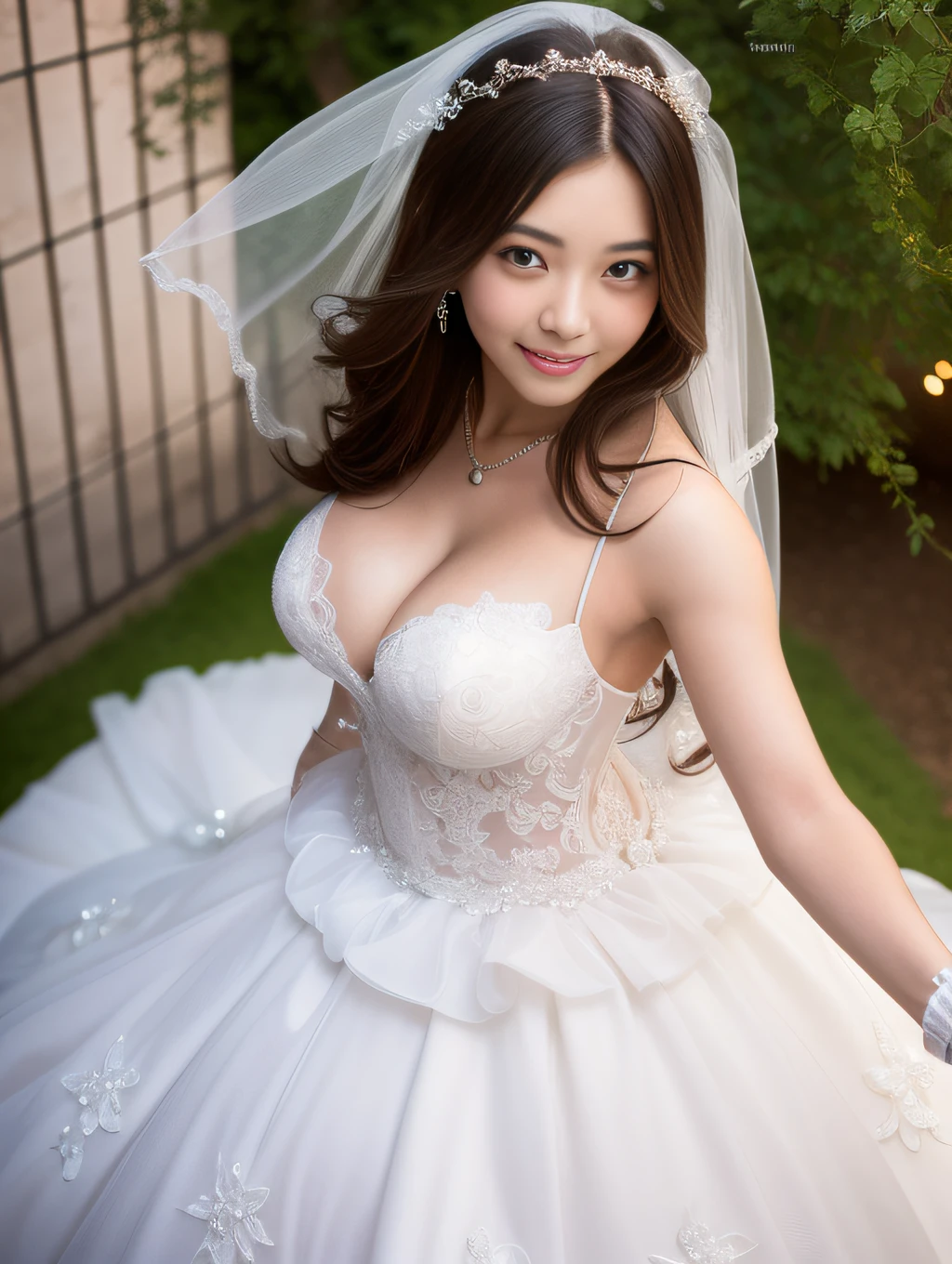 (best quality, masterpiece:1.2), (realistic:1.3), (ultra-detailed background, detailed background), bokeh, (medium breasts:1.2), sexy cleavage, frilled dress, lace-trimmed see-through dress, bridal tiaras, gorgeous vanilla white wedding dress, luxury wedding dress, classic wedding dress, bridal veil, bridal gauntlets, bridal cascading bouquet, upper body, wedding at church, from above, the skirt spreads round and wide, 1girl, cute, teenage, posing, smiling, dynamic angle, dynamic pose, very long hair