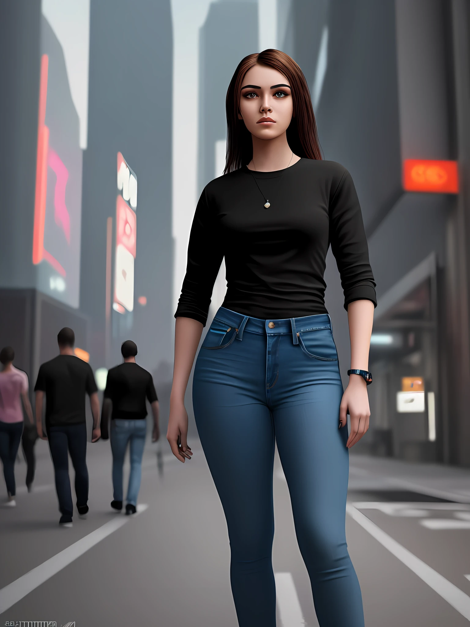 masterpiece,ultra high res, (photorealistic:1.4), raw photo, casual portrait of (23 year-old woman:1.3) ,black basic tee-shirt, full length tee-shirt, Compact body,((cyberpunk,scifi)),refined detailed, tight jeans