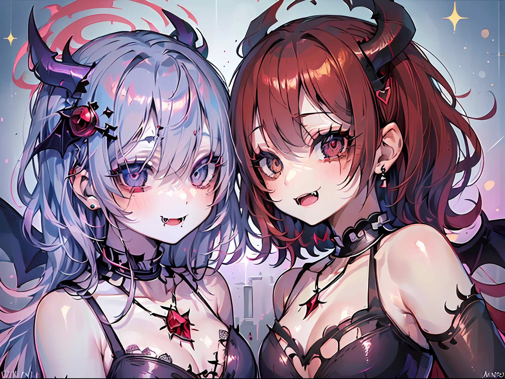 (Best Quality:1.3),4K,8K,8K Portrait,16 K,(masutepiece:1.2),(2girls:1.7),(twins:1.6),garnet,lapis lazuli,(maximalism:1.5),ultra-detailliert,absurderes,(very detailed beautiful face and eyes:1.3),
(dense beautiful hair:1.3),
Super cute girl,(bob cuts:1.4),(Girl with garnet eyes and red hair:1.3),(Girl with lapis lazuli eyes and light blue hair:1.3),(wearing a gothic dress:1.3),(Devil Wings:1.8),(devil horn:1.3),(Jewelry Hair Ornaments:1.6),(closes mouth:2.0),
(jewelry eyes:1.3),(Eyelashes:1.2),(symbol in eyes:1.3),(hight resolution, Twinkle,Glitter,Lens Flare,light Particle,Shining:1.3),