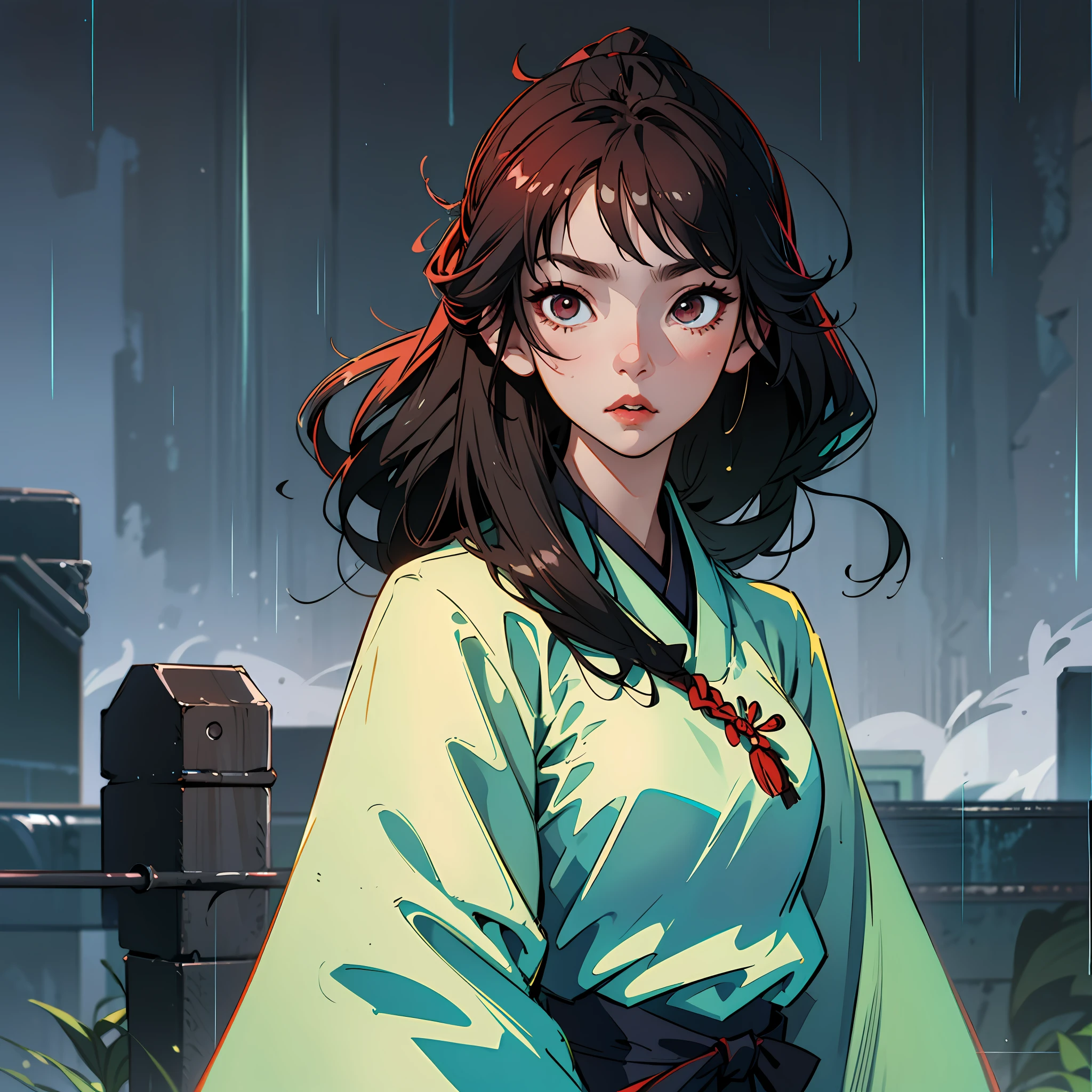 Black Japanese samurai,red color eyes,human - shaped,Rained,火焰 --auto