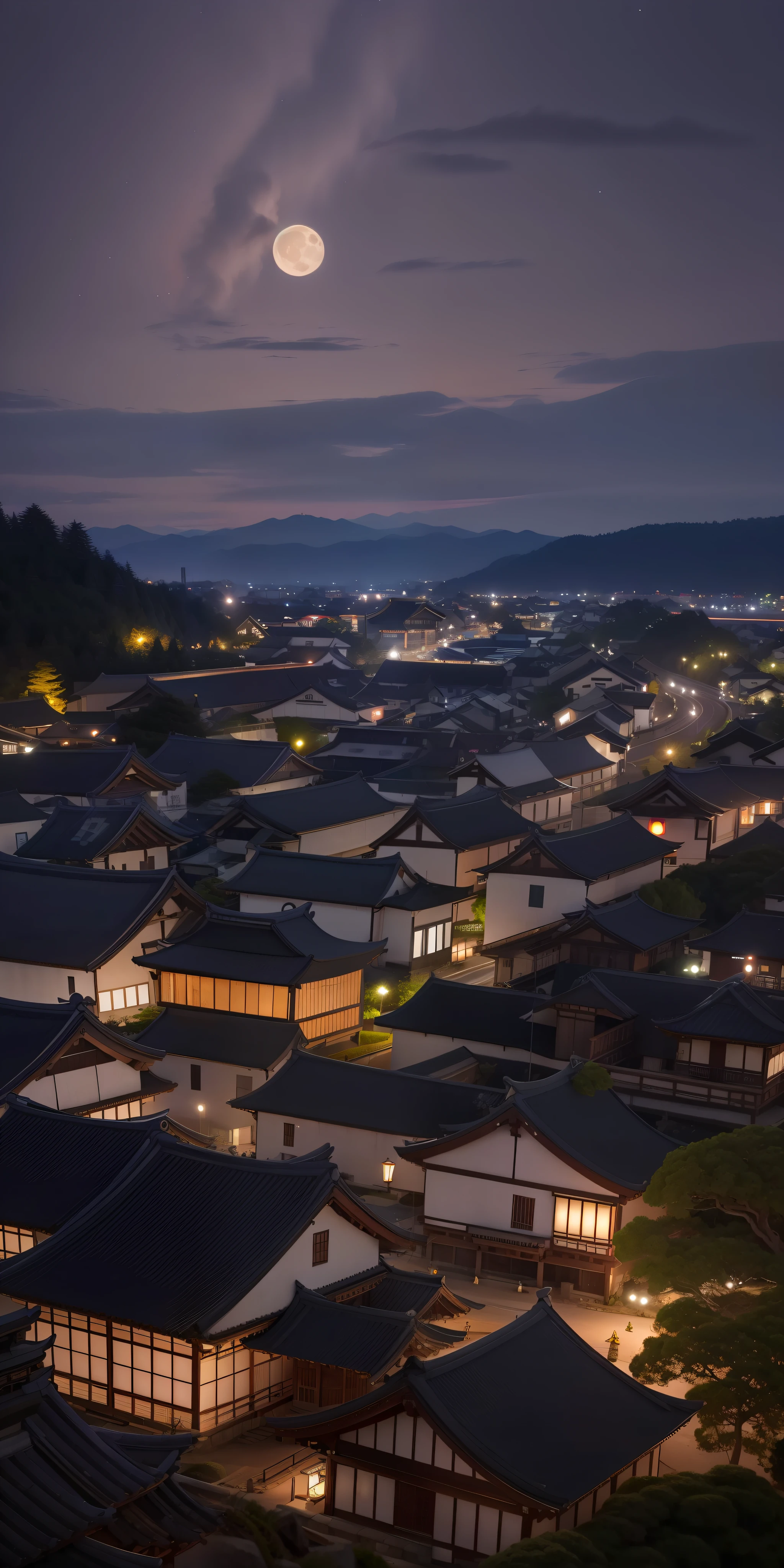 village with many lights, japanese village, japanese city, japanese village, hyper realistic photo of a city, Old Asian Village, Sunset, starrysky,a moon,starrysky,japanese ancient castle, beautifully lit buildings, At night, Beautiful and aesthetic, Photography, Cinematic, 8K, detaileds