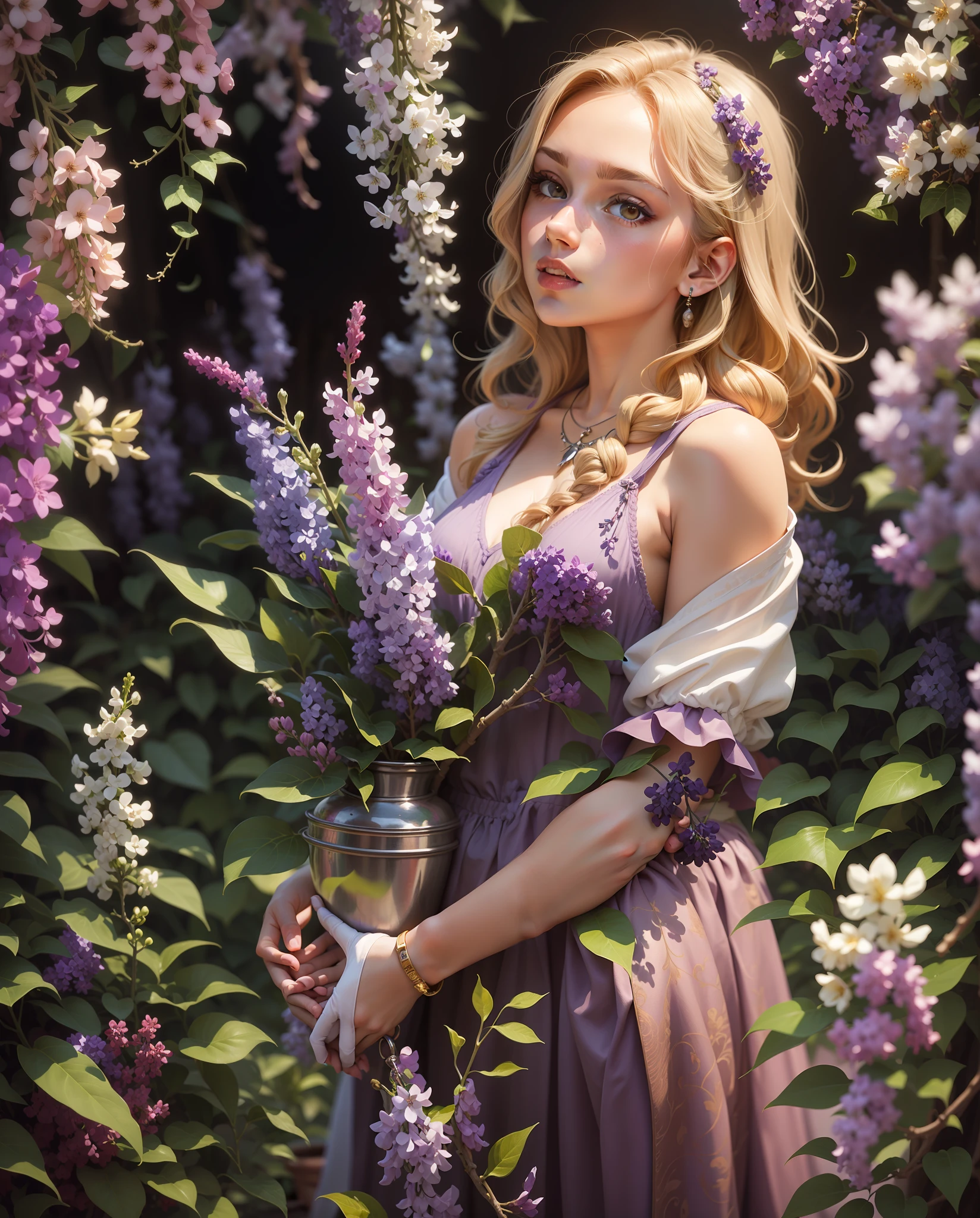 In the hands of beautiful lilacs in a pot