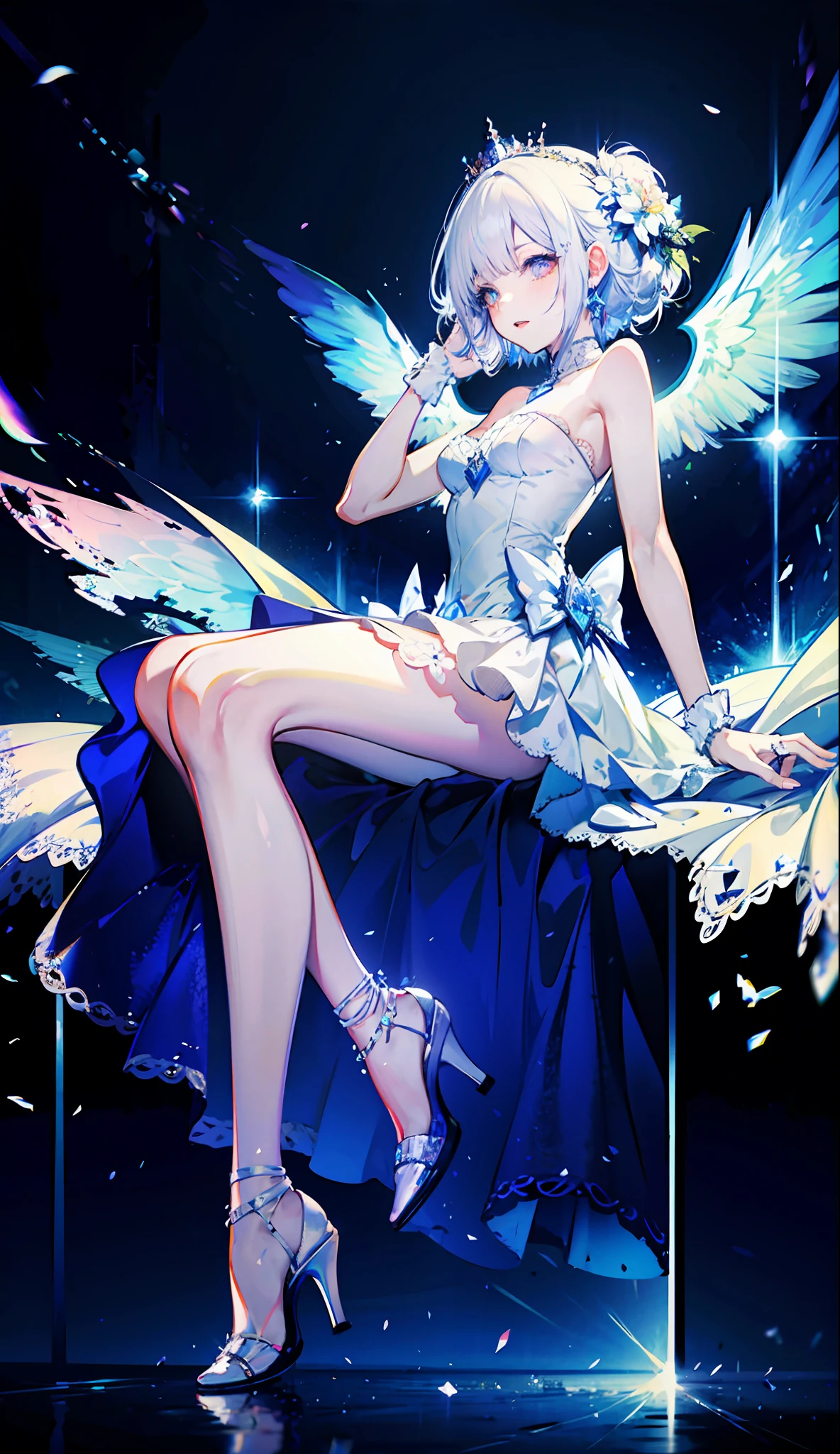 8k wallpaper，detailedbackground，Highest high resolution，silber hair，Bandeau wedding dress，white wedding gown，(White heels)，Castle background，A princess，wings，rays of sunshine，angelicales
