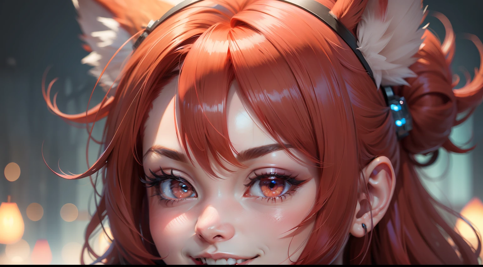 hair bobbles, wince, longeyelashes, solid circle eyes, fake animal ears, light smile, ear blush, fang, red hair, drop shadow, anaglyph, stereogram, tachi-e, pov, atmospheric perspective, cinematic lighting, isometric, 8k, super detail, ccurate, best quality, textured skin