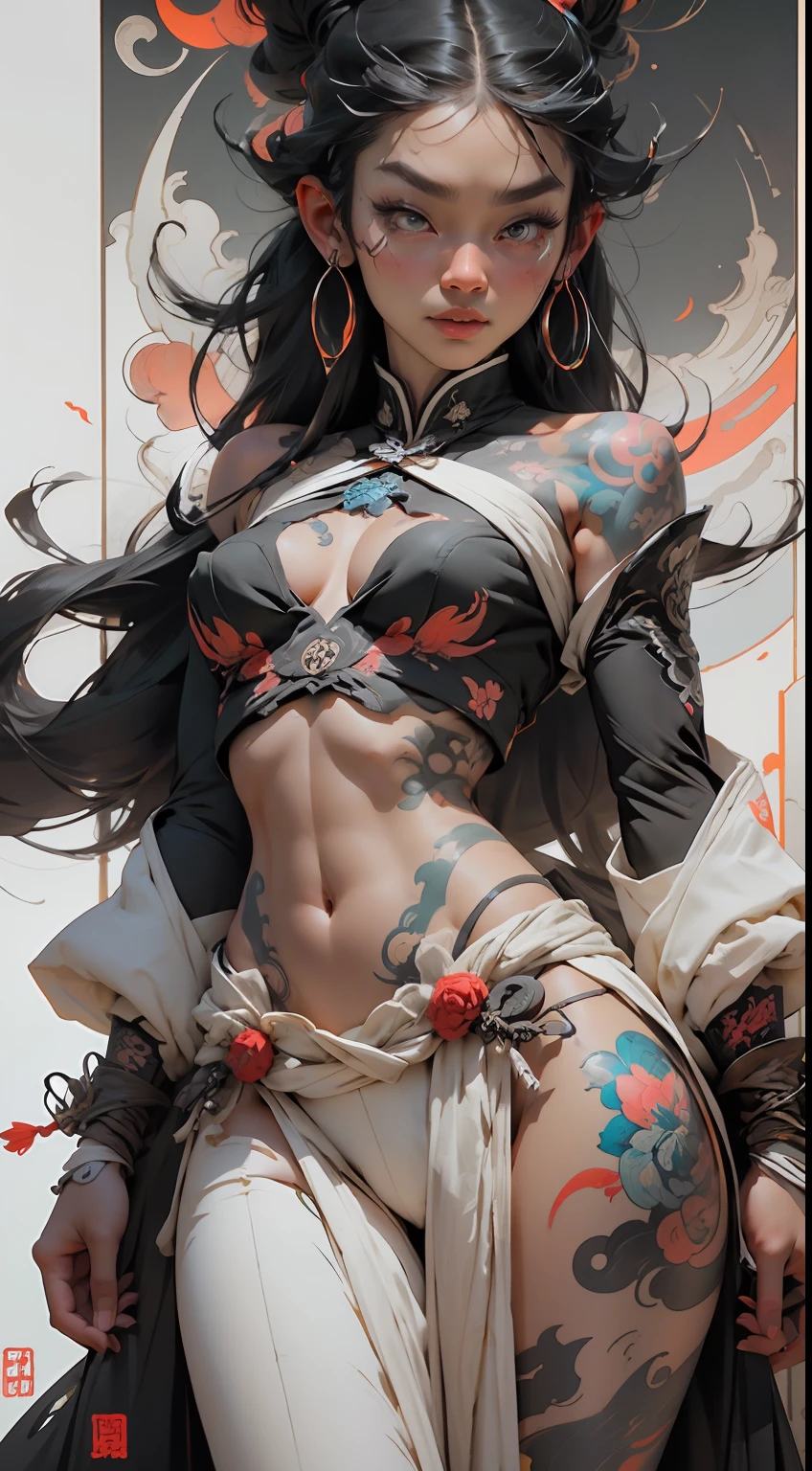 wuxia,vector art,1ebony woman with tattoos,black hair,white clothes,super colorful,luminous colorization,sharp, cinematic,dof,35mm,pintura luminosa