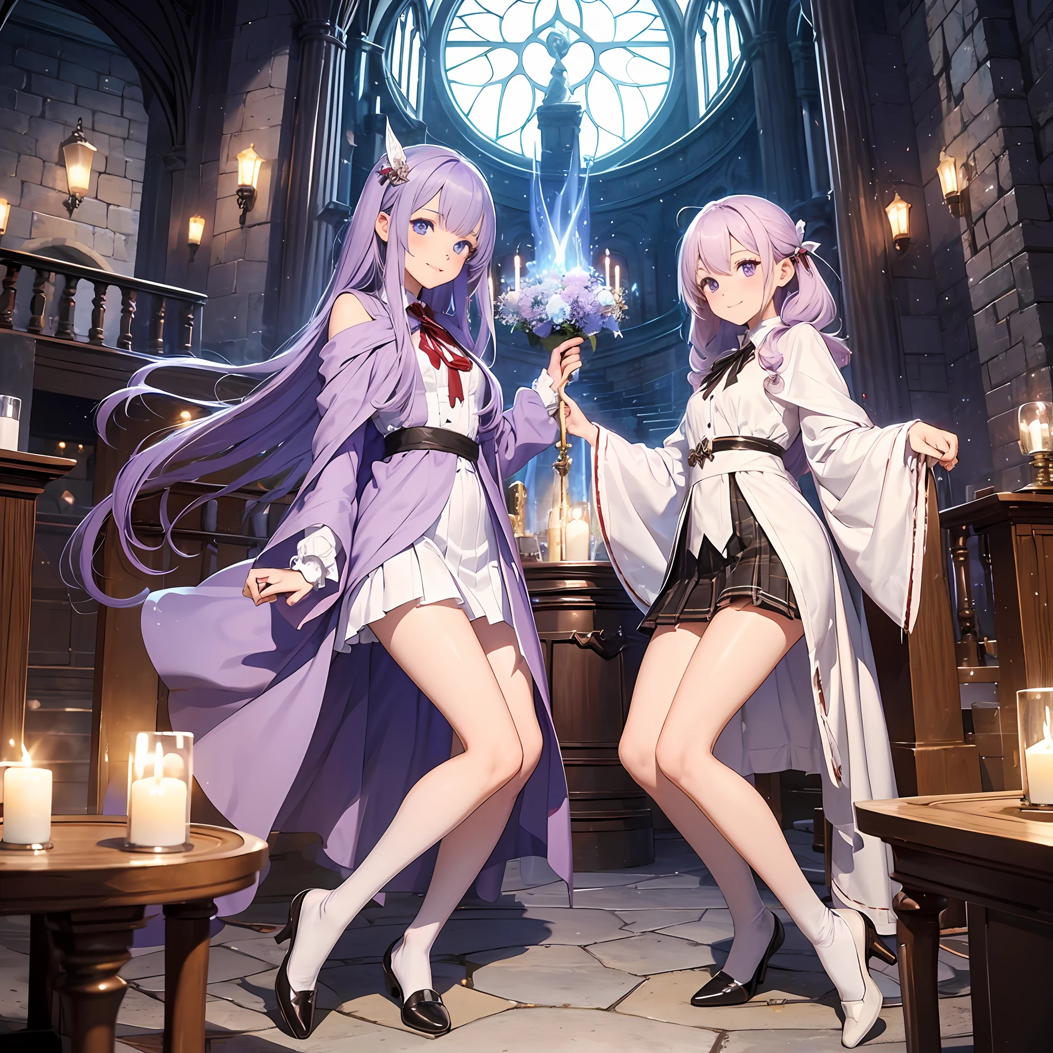 masterpiece, top-quality, 1 girl in、Students of the Magic School、short velvet robe、White Classy Shirt、Plaid pleated skirt、Red ribbons、White High Socks、Leather shoes、Height 120 cm、ar old、Light purple hair、Cute smile、beautiful countenance、beautidful eyes、Slim body、((small tits))、magic circles、full body Esbian、magic school、Fantasia、in isekai、Medieval Europe、FULL BODYSHOT、Dynamic angles、Harry Potter、pixie、Leprechaun、altar、