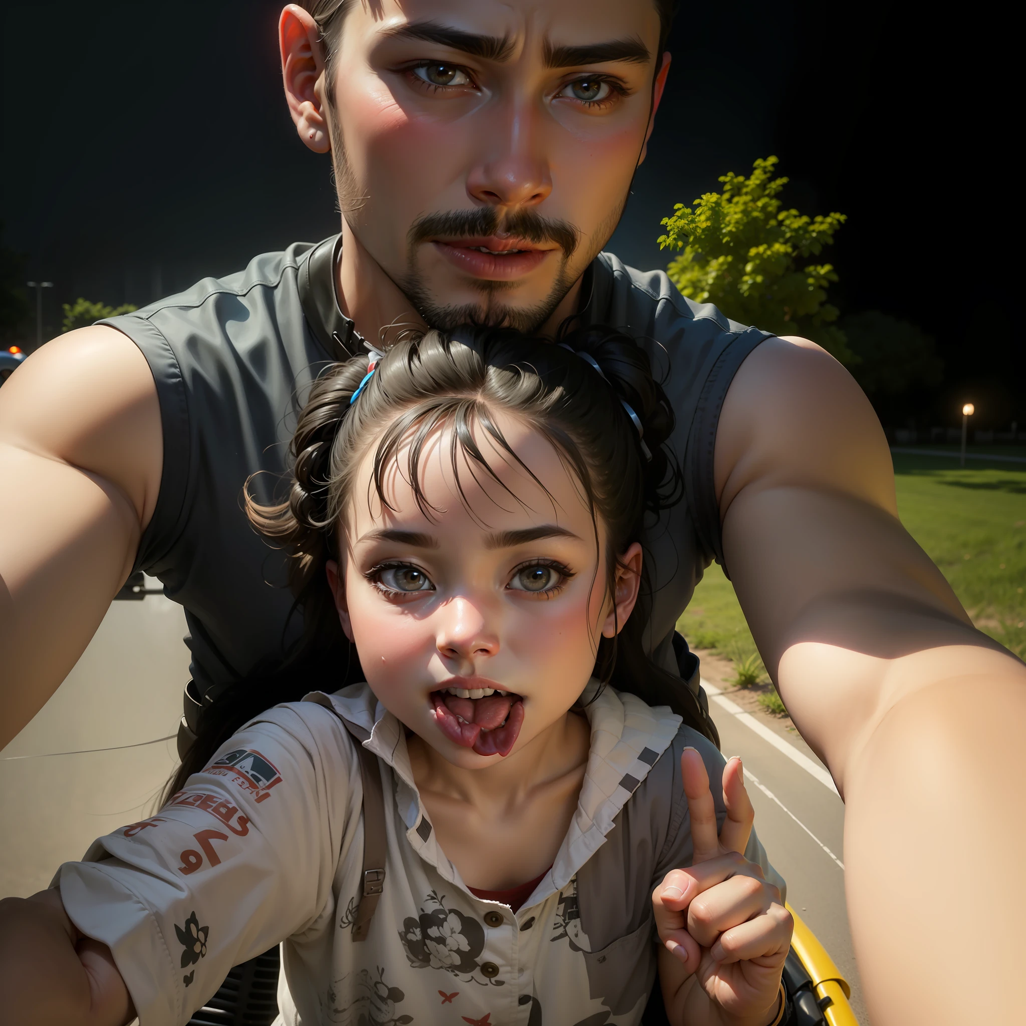 There was a man and a taking a selfie on a motorcycle,Girl finger details
