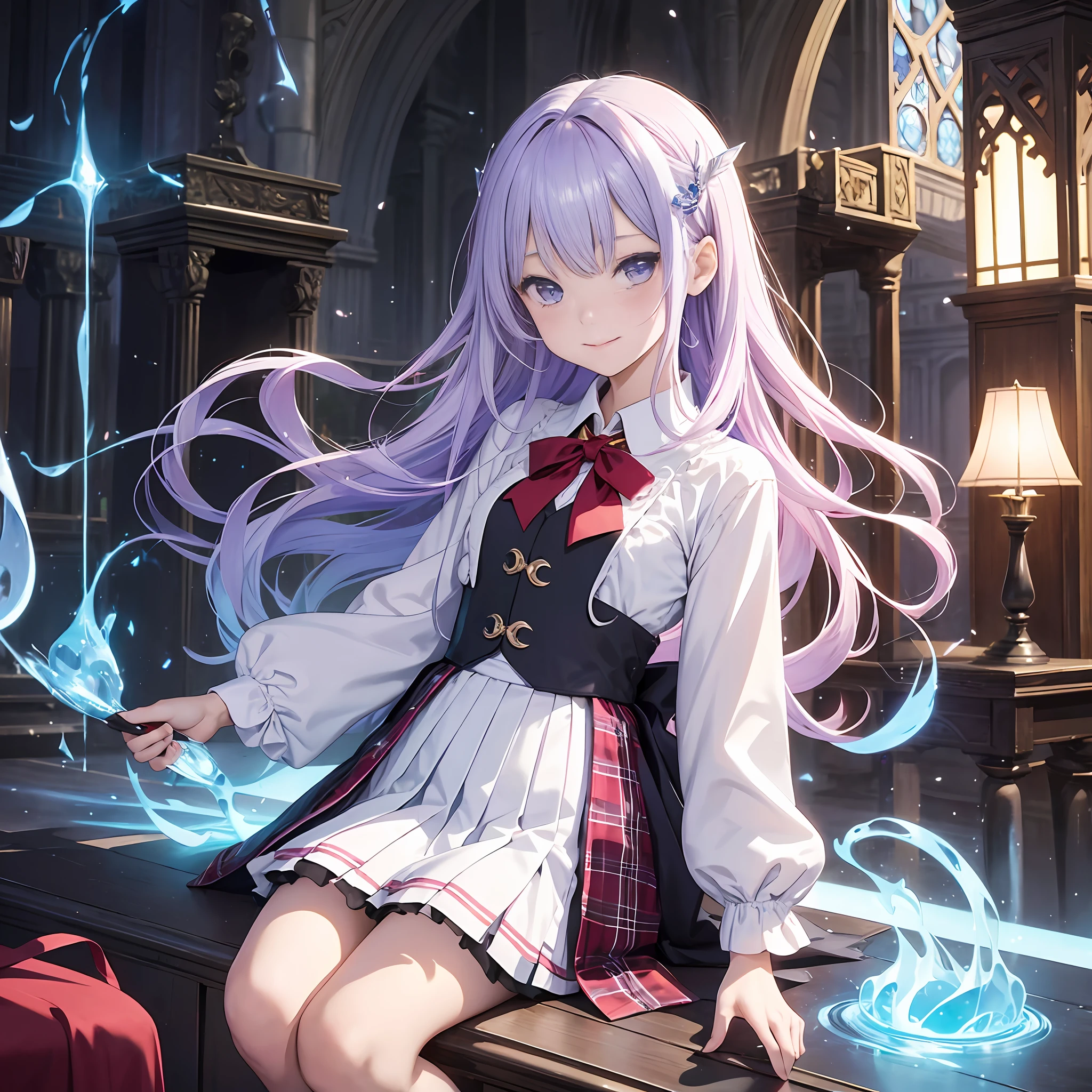 ​masterpiece, top-quality, 1 girl in、Students of the Magic School、short velvet robe、White Classy Shirt、Plaid pleated skirt、Red ribbons、White High Socks、Leather shoes、Height 120 cm、12year old、Light purple hair、Cute smile、beautiful countenance、beautidful eyes、Slim body、（（small tits））、magic circles、full body Esbian、magic school、Fantasia、in isekai、Medieval Europe、FULL BODYSHOT、Dynamic angles、Harry Potter、pixie、Leprechaun、altar、
